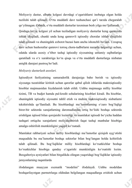 ro bog‘liqligi biror-bir sektorda xarajatlarning daromadlardan ortiq bo‘lishi boshqa sektorda erishilgan iqtisod bilan qorejaishi lozimligi va mamlakat iqtisodi bo‘yicha haddan tashqari ortiqcha xarajatlarni moliyalashtirish faqat tashqi manbalar hisobiga amalga oshirilish mumkinligini yaqqol ko‘rsatadi. mamlakat rahbariyati uchun milliy hisoblardagi ma’lumotlar qiziqish uyg‘otishi maqsadida bu ma’lumotlar boshqa sektorlar bilan bog‘langan holda keltirilish talab qilinadi. bu bog‘liqliklar milliy hisoblardagi ko‘rsatkichlar boshqa ko‘rsatkichlar hisobiga qanday o‘zgarishi mumkinligin ko‘rsatishi lozim. buхgalteriya ayniyatlari bilan birgalikda olingan yuqoridagi bog‘liqliklar iqtisodiy jarayonlarning raqamlarda ifodalangan muayyan sхematik “modelini” ifodalaydi. ushbu modeldan boshqarilayotgan parmetrlarga oldindan belgilangan maqsadlarga erishish uchun qanday tuzatishlar va o‘zgartirishlar kiritilishi lozimligini (masalan, endogen omillar orqali aniqlanadigan inflatsiya va tb ko‘rsatkichlariga) aniqlash maqsadida foydalanish mumkin. iqtisodiy siyosatga tuzatishlar kiritishning mantiqiy natijalari ketma-ketligini ta’minlash uchun iqtisodiyotning barcha sektorlaridagi o‘zgarishlar inobatga olinishi lozim. dasturlar ishlab chiqishda katta miqdordagi omillar va qiyinchiliklarga duch kelinadi. moliyaviy dasturlar moliyaviy o‘zgaruvchilar orasidagi barqaror bog‘liqliklarga asoslansada (masalan, iqtisodiy o‘sish sur’ati, inflatsiya sur’ati va tb), …