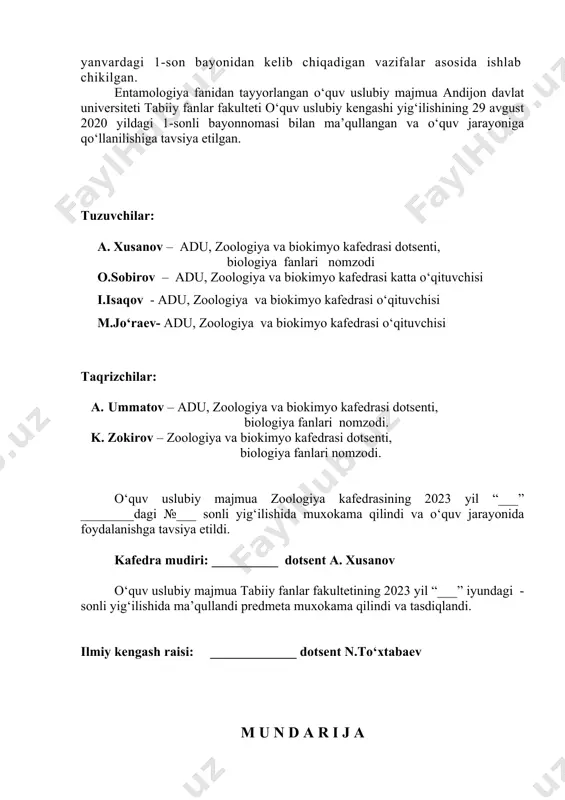 yorlandi. entomologiyadan maxsus fanidan talabalar hasharotlarning morfologiyasi, fiziologiyasi va ularning ekologiyasi hamda biologiyasiga oid bo‘lgan ma’lumotlar bilan tanishishni hisobga olgan holda ushbu ma’ruza matnlari yozilgan. mavzu: 1 . kirish. hasharotlarning morfologiyasi. reja: 1. hasharotlar tanasining segmentlarga bo‘linishi. 2. hasharotlarning bosh qismi va uning tuzilishi. 3. hasharotlarning ko‘krak qismi va uning tuzilishi. 4. hasharotlarning qorin qismi va uning tuzilishi. morfologiya fani hasharotlarning tashqi va ichki tuzilishini o‘rganadigan fan hisoblanadi. hasharotlarning tashqi tomonini qoplab turgan qoplamasi kutikula deb ataladi. kutikula hasharotning tashqi tomonidan ya’ni tanasini va uning o‘simtalarini qoplab va o‘zaro elastik parda vositasida qattiq parchalardan iboratdir. terini bunday tartibda tuzilganligi hasharot tanasini segmentlardan iborat tarzda tuzilishini ta’minlaydi. bunday tuzilish hasharot tanasining turli qismlarini egilishi va harakatlanishini ta’minlaydi. shu bilan birga kutikula o‘ziga xos skelet vazifasini bajaradi. chunki hasharotlarning muskullari shu kutikulaga birikadi. bundan tashqari teri qoplami ularning turli noqulay sharoitlardan ximoya qiladi. hasharotlarning tanasi yaxlit 3 qismga ya’ni bosh, ko‘krak va …