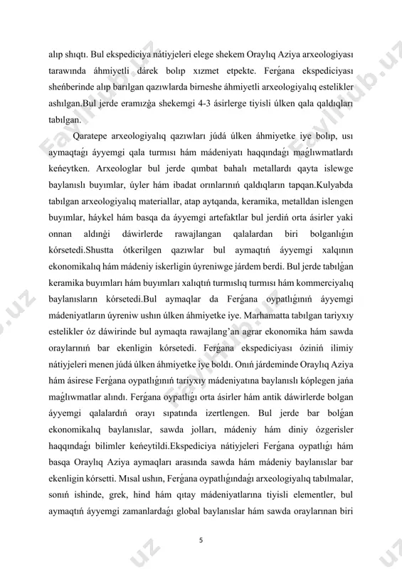 bul aymaqta rawajlang’an agrar ekonomika hám sawda oraylarınıń bar ekenligin kórsetedi. ferǵana ekspediciyası óziniń ilimiy nátiyjeleri menen júdá úlken áhmiyetke iye boldı. onıń járdeminde oraylıq aziya hám ásirese ferǵana oypatlıǵınıń tariyxıy mádeniyatına baylanıslı kóplegen jańa maǵlıwmatlar alındı. ferǵana oypatlıǵı orta ásirler hám antik dáwirlerde bolgan áyyemgi qalalardıń orayı sıpatında izertlengen. bul jerde bar bolǵan ekonomikalıq baylanıslar, sawda jolları, mádeniy hám diniy ózgerisler haqqındaǵı bilimler keńeytildi.ekspediciya nátiyjeleri ferǵana oypatlıǵı hám basqa oraylıq aziya aymaqları arasında sawda hám mádeniy baylanıslar bar ekenligin kórsetti. mısal ushın, ferǵana oypatlıǵındaǵı arxeologiyalıq tabılmalar, sonıń ishinde, grek, hind hám qıtay mádeniyatlarına tiyisli elementler, bul aymaqtıń áyyemgi zamanlardaǵı global baylanıslar hám sawda oraylarınan biri bolǵanın dálilledi. ekspediciya dawamında alınǵan maǵlıwmatlarǵa bola, ferǵana oypatlıǵı áemgi waqıtlarda awıl xojalıǵı hám suwǵarıw sistemaları menen belgili bolǵan. bul jerde suwǵarıw kanalları hám egislik maydanları tabılǵan bolıp, bul aymaqtıń agrar ekonomikasın qollap-quwatlawshı elementlerdi kórsetedi.ferǵana ekspediciyası sonıń menen birge din hám mádeniyat baylanısların da …