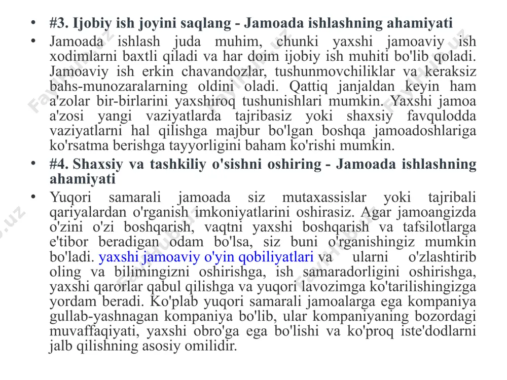 y ishning samaradorligi ular odatda belgilangan muddatga rioya qilishlari, eng yaxshi natijalarga erishishlari va xato va xatolardan qochishlarini anglatadi. barcha jamoa mas'uliyatli va o'z burchi uchun javobgardir, shuning uchun ular ortiqcha ishlamaydilar yoki bepul chavandozlar bor. ular qiyin vaziyatda bo'lganlarida ishonchli jamoangizdan to'liq zaxira olishlari mumkinligini bilishsa, kamroq asabiylashishi va umidsizlikka tushishi mumkin. vazifani bajarish jarayonida odamlar o'rtasidagi hamkorlik - bu ishni samarali bajarish. qachon jamoaviy hamkorlik har qanday loyihaning asosiga aylanadi, natijalarga qanday ta'sir qilishini ko'rish juda ajoyib. hamkorlik ruhini rag'batlantiradigan har qanday ish joyi yoki onlayn ish maydoni (jamoadoshlari uzoq yoki bir joyda bo'lishidan qat'i nazar) muvaffaqiyatni ta'minlaydigan muhit yaratadi. hamkorlik ko'nikmalarini qo'llash va jamoaviy mashg'ulotlarga e'tibor qaratish uchun birgalikda ishlash bo'limning barcha a'zolariga, jamoaga yoki ekipajga kuchli birgalikda ishlashga imkon beradi. siloslarni olib tashlash orqali ishning natijasi ko'p qirrali bo'ladi. ish yukini resurslar o'rtasida taqsimlash yoki jamoaviy ish oqimining qanday rivojlanishini aniqlash, jamoaviy ishni takomillashtirib, ishlarning yanada …