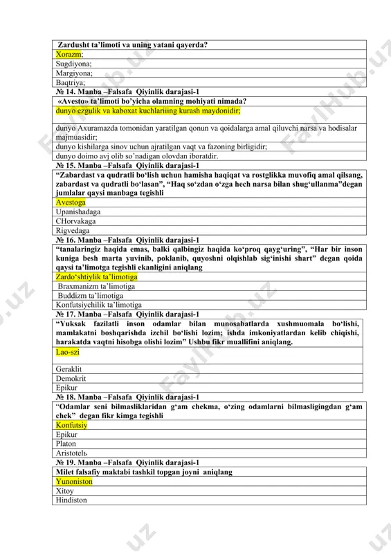 olib so’nadigan olovdan iboratdir. № 15. manba –falsafa qiyinlik darajasi-1 “zabardast va qudratli bo‘lish uchun hamisha haqiqat va rostglikka muvofiq amal qilsang, zabardast va qudratli bo‘lasan”, “haq so‘zdan o‘zga hech narsa bilan shug‘ullanma”degan jumlalar qaysi manbaga tegishli avestoga upanishadaga chorvakaga rigvedaga № 16. manba –falsafa qiyinlik darajasi-1 “tanalaringiz haqida emas, balki qalbingiz haqida ko‘proq qayg‘uring”, “har bir inson kuniga besh marta yuvinib, poklanib, quyoshni olqishlab sig‘inishi shart” degan qoida qaysi ta’limotga tegishli ekanligini aniqlang zardo‘shtiylik ta’limotiga braxmanizm ta’limotiga buddizm ta’limotiga konfutsiychilik ta’limotiga № 17. manba –falsafa qiyinlik darajasi-1 “yuksak fazilatli inson odamlar bilan munosabatlarda xushmuomala bo‘lishi, mamlakatni boshqarishda izchil bo‘lishi lozim; ishda imkoniyatlardan kelib chiqishi, harakatda vaqtni hisobga olishi lozim” ushbu fikr muallifini aniqlang. lao-szi geraklit demokrit epikur № 18. manba –falsafa qiyinlik darajasi-1 “odamlar seni bilmasliklaridan g‘am chekma, o‘zing odamlarni bilmasligingdan g‘am chek” degan fikr kimga tegishli konfutsiy epikur platon aristotelь № 19. manba –falsafa qiyinlik darajasi-1 milet falsafiy …
