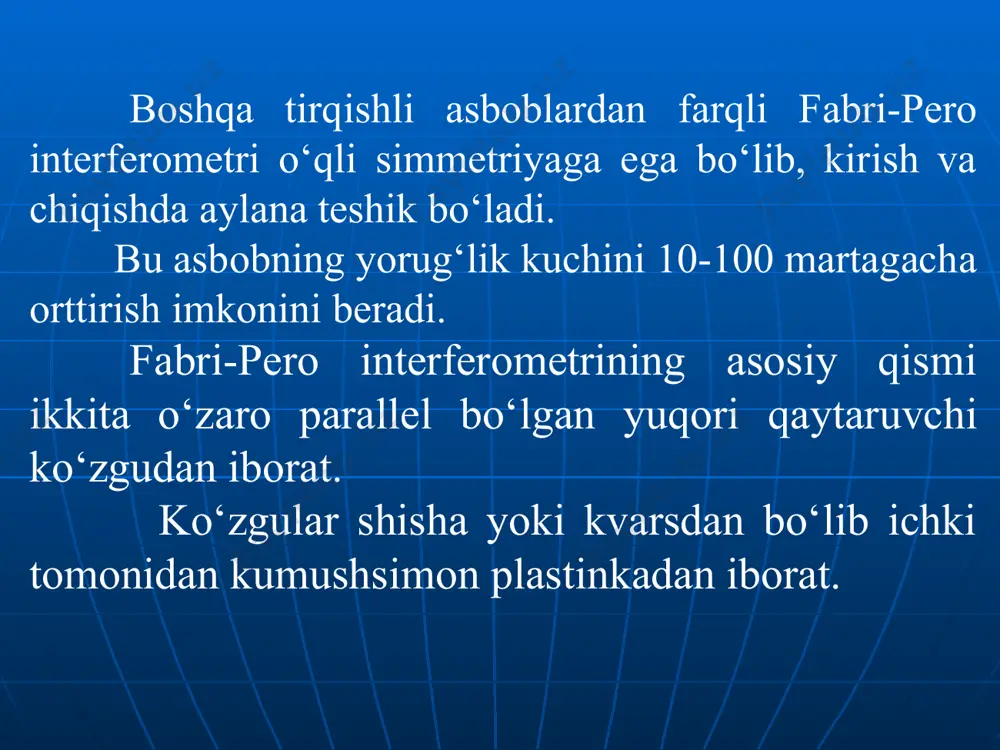 si fabri-pero interferometrining yorug‘lik kuchi esa difraksion panjarali asboblarning yorug‘lik kuchidan necha marta yuqori. fabri-pero interferometrining monoxromatik nurlanish uchun shaffofligi bir xil ko‘zgulardan foydalanilganda qanday ko‘rinishda bo‘ladi. 7 6 10 10 - » = dl l r j l p b cos 2 2 2 nl l = ) ( sin 4 ) 1 ( 2 ' 2 ' ' 2 . l r t r t t t t r o r o r o p f b + - = l j q ln = cos 2 l j ) 2 1 ( cos 2 + = q ln 2 ' ' 2 min . . 2 ' ' 2 . . ) 1 ( ) 1 ( r t t t t r t t t t r o r o p f r o r o mak p f + = - = 2 ' ' …