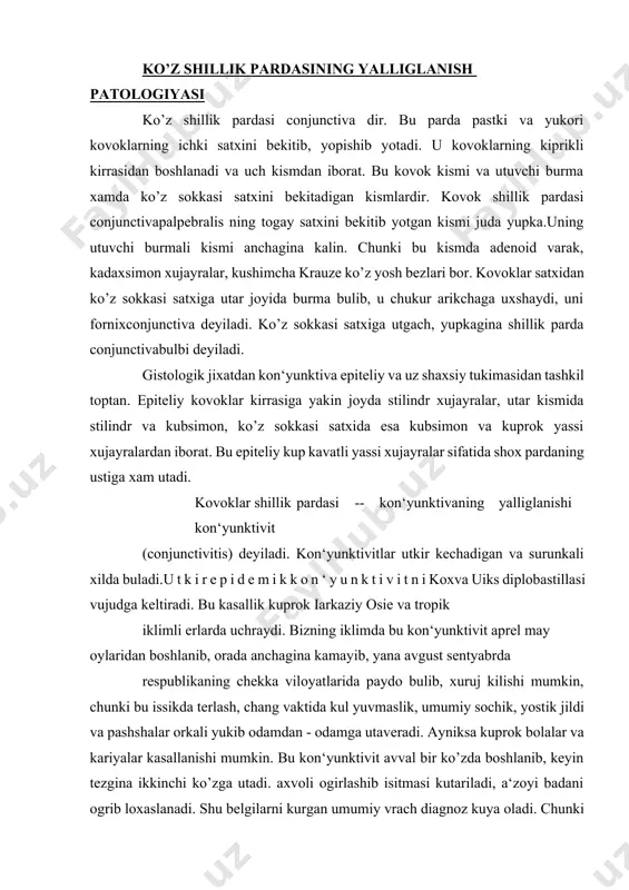 ishi mumkin. bu kon‘yunktivit avval bir ko’zda boshlanib, keyin tezgina ikkinchi ko’zga utadi. axvoli ogirlashib isitmasi kutariladi, a‘zoyi badani ogrib loxaslanadi. shu belgilarni kurgan umumiy vrach diagnoz kuya oladi. chunki bu kasalning yana bir belgisi bemor ertalab uykudan turganda uning kovoklari kotib kolgan yiring bilan yopishib kolgani uchun u ko’zini ocholmagani xam uziga xos belgi buladi. bemor uz vaktida davolalanmasa, kasallik 2 - 4 xaftagacha chuzilib, uning ko’z shox pardasi zararlanib yaralanish asoratini berib, kurlikka olib borishi mumkin. bemor bastilla tashuvchi bulib kolishi mumkin. g o n o b l e n o r e y a (honoblenorea) kupincha chakaloklarda va katta odamlarda xam uchrashi mumkin. chakaloklar tugilish paytida kasal onadan (neissergonorhoe) yuktiradi va 2 - 3 kundan sung uning ko’zi kizaradi, kovoklari kattik shishadi va ko’zidan kizgish yuvindi (gusht ivindisiga uxshash) suyuklik chika boshlaydi, uning kovoklari kattik shishgandan kukimtir tue oladi va juda taranglashib ochilmay koladi, ularning ikkala ko’z …