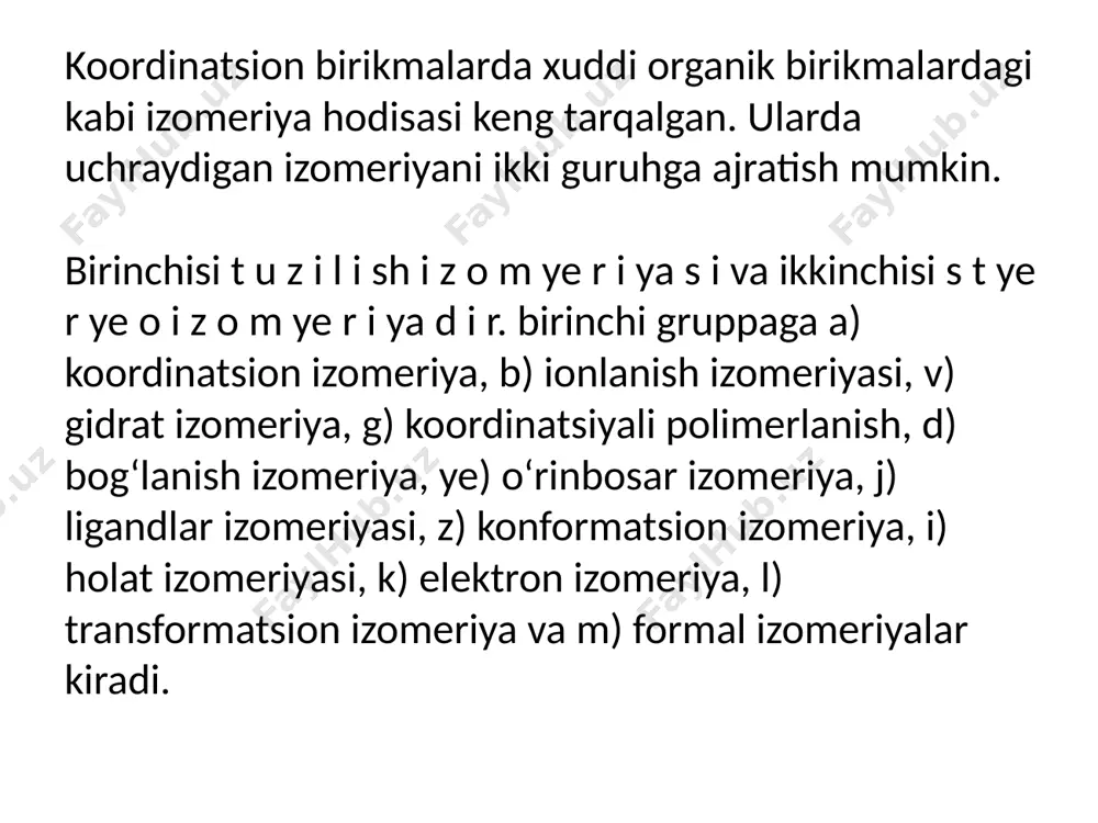 a ambidentat ligandlar deb ataladi. ksanto tuzlar mineral kislotalar ta’sirida parchalanmaydigan sariq tusli moddalardir. lekin, izoksanto tuzlarga mineral kislota qo‘shilsa, ular parchalanib nitrit kislota ajralib chiqadi. izoksanto tuzlar och – jigar rangliligi bilan ksanto tuzlardan farq qiladi. izoksanto tuzlariga mineral kislota qushilganda hno2 ning ajralib chiqishi kompleks birikmaning ichki sferasida o = n – o – gruppa borligini bildiradi. ^ o‘rinbosarlar izomeriyasi (yig‘indi izomeriya). bunday birikmalarning koordinatsion qavatidagi ligandlardagi ba’zi atomlarning umumiy miqdori bir xil bo‘lsa ham, ular turli ligandlar tarkibida har xil miqdorda bo‘lishi mumkin. ligandlar izomeriyasi. koordinatsion qavatda markaziy atomga birikkan ligandning o‘zi turli izomerlar holatida bo‘lishi mumkin. masalan, koordinatsiyada aminobenzoy kislotaning orto-, meta- va para – izomerlari qatnashganda ligandlarning o‘zi bir – biridan farq qiladigan xossalari natijasida ularning hosil qilgan koordinatsionbirikmalari ham bir biridan farq qiladi. bunga misol tariqasida propolendiamin bilan trimetilendiaminni yoki piridinkarbonkislotaning turli fazoviy izomerlarini keltirish mumkin. ^ konformatsion izomeriy. bunday birikmalarda koordinatsion qavatda ligandlarning …