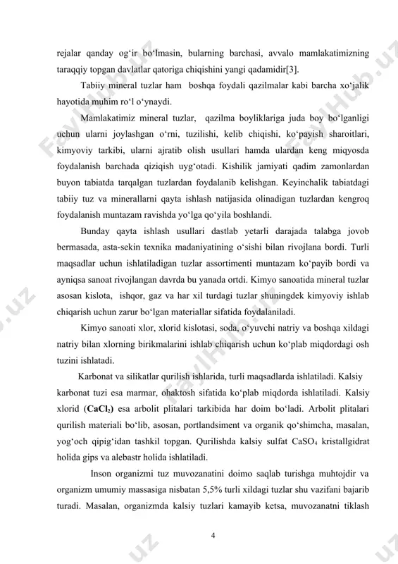 olatlarini kengaytirishga qaratilgan qonunchilikni takomillashtirish masalasi ustuvor yo‘nalishga aylanishi zarur [2]. asosiy vazifamiz vatanimiz taraqqiyoti va xalqimiz farovonligini yanada yuksaltirishdir. 2014-yilda o‘z oldimizga qo‘yayotgan yuksak maqsad, vazifa va rejalar qanday og‘ir bo‘lmasin, bularning barchasi, avvalo mamlakatimizning taraqqiy topgan davlatlar qatoriga chiqishini yangi qadamidir[3]. tabiiy mineral tuzlar ham boshqa foydali qazilmalar kabi barcha xo‘jalik hayoti da muhim ro‘l o‘ynaydi. mamlakatimiz mineral tuzlar, qazilma boyliklariga juda boy bo‘lganligi uchun ularni joylashgan o‘rni, tuzilishi, kelib chiqishi, ko‘payish sharoitlari, kimyoviy tarkibi, ularni ajratib olish usullari hamda ulardan keng miqyosda foydalanish barchada qiziqish uyg‘otadi. kishilik jamiyati qadim zamonlardan buyon tabiatda tarqalgan tuzlardan foydalanib kelishgan. keyinchalik tabiatdagi tabiiy tuz va minerallarni qayta ishlash natijasida olinadigan tuzlardan kengroq foydalanish muntazam ravishda yo‘lga qo‘yila boshlandi. bunday qayta ishlash usullari dastlab yetarli darajada talabga jovob bermasada, asta-sekin texnika madaniyatining o‘sishi bilan rivojlana bordi. turli maqsadlar uchun ishlatiladigan tuzlar assortimenti muntazam ko‘payib bordi va ayniqsa sanoat rivojlangan davrda bu yanada …