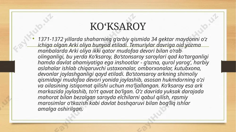 an. saroy uch qavatli boʻlib, har qavatida favvora otilib turgan. saroy devorlariga amir temur olib borgan urushlardan lavhalar chizib qoʻyilgan. amir temur ispaniya elchisi rui gonzales de klavixoni ana shu bogʻda qabul qilgan. bu bogʻ oʻrnida hozir dilkusho qishlogʻi joylashgan. bogʻi jahonnamo (jahon koʻzgusi). amir temur samarqanddan 7 farsax (42 km) narida, zarafshon togʻi etagida qurdirgan (1398). unda saroy va qalʼa boʻlgan. "zafarnoma"da yozilishicha, bu bogʻning hududi benihoyat katta boʻlib, yoʻqolib qolgan ot 6 oydan soʻng topilgan ekan. bogʻi maydon. amir temur samarqandning shimolida, choʻponota tepaligi etagida qurdirgan. tarixiy manbalarga karaganda, bogʻda hashamatli bir ayvon (koʻshk) va qimmatbaho toshlardan yasalgan taxt boʻlgan. ulugʻbek bu bogni yanada obod qilgan. bobur shu haqda bunday deb yozadi: "bu bogʻning oʻrtasida (ulugʻbek) bir oliy imorat qilibdur. chil(qirq) sutun derlar, du (ikki) oshyona (kavat), sutunlari tamomi toshdin. bogʻi nav (yangi bogʻ). amir temur samarqandning janubida qurdirgan (1404). lolazor qishlogʻi oʻrnida joylashgan. bu bogʻ toʻrtburchak shaklda …
