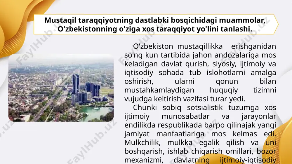 gicha tamoyillar asosida tahlil yetishga nazariy metodologik asos bo'ladi. o'zbekistonning demokratik jamiyatni barpo etishda birinchi prezidentimiz i.a.karimov ta'kidlaganidek, “davlat va jamiyatni isloh etish hamda modernizatsiya qilishda o'zbek modelining muhim tarkibiy qismi bo'lgan bosqichma-bosqichlik tamoyiliga bundan buyon ham qat'iy amal qilinishi ta'minlanadi . «o'zbek modeli» tushunchasi, avvalo, o'zbekistonning mustaqil milliy taraqqiyoti qanday bo'lishi lozimligini asoslaydigan, uni muayyan maqsadlarga yo'naltiradigan eng umumiy nazariy xulosalar va mo'ljallar bilan davlatning belgilangan maqsadlarga erishishiga qaratilgan amaliy siyosatining mushtarakligini anglatadi. 2. taraqqiyotning “o'zbek modeli” va uning o'ziga xos xususiyatlari. “o'zbek modeli” - o'zbekistonning o'ziga xos va mos taraqqiyot yo'li ijtimoiy yo'naltirilgan bozor iqtisodiyotiga o'tish; “amerika modeli” - “erkin bozor munosabatlari” “fransiya modeli” – “davlatning roli kuchli” “nemis va shved modili” – “ijtimoiy yo'nalish ustuvor” lotin amerikasi va afrika modeli – “iqtisodni barqarorlashtirish” sharqiy yevropa modeli – iqtisodiyotda “shok trapeya” usulidan foydalaniladi; «yaponiya modeli» iqtisodiy munosabatlarda davlatning yetakchi o'rni bilan belgilanadi; janubi-sharqiy osiyo (singapur, janubiy koreya, tayvan, …