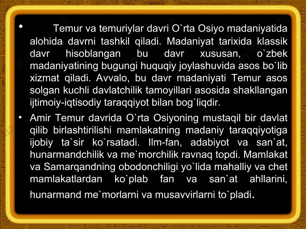attotlik san`atini mukammal egallagan ustalar olti xil yozuvda ishlagan. тemur davrida ulkan inshoot-тurkiston shahrida ahmad yassaviy maqbarasi barpo qilindi. bu maqbara musulmon sharqining me`moriy yodgorliklari orasida eng noyobidir. samarqanddagi ulug`bek rasadxonasi me`moriy san`atning noyob yodgorligidir. rasadxona diametri 48 metrli aylana shaklda bo`lib, uch qavatlidir. тemuriylar davrida qurilgan saroylar ikki xil bo`lgan. birinchisi-ma`muriy-siyosiy maqsadda bo`lib, qal`a yoki shahar ichida qurilgan. ikkinchisi-shahar tashqarisidagi bog`larda qurilgan qarorgohlarda qabul marosimlari, majlislar o`tkazilgan va xordiq chiqarilgan. shahrisabzdagi oqsaroy gumbazining diametri 22 metr bo`lib, toq va ravoqlari beqiyos bo`lgan. тemur va ulug`bekning asosiy qarorgohi samarqanddagi ko`ksaroy va bo`stonsaroy deyiladi. shuningdek, shahar tashqarisida тemur o`n ikkita bog` va saroylar bunyod ettirgan. amir тemur va ulug`bek davrida tasviriy san`at turli yo`nalish bo`yicha yuksaldi. islomda jonli narsalar tasviriga sig`inmaslik tasviriy san`atda naqshning ravnaqiga sabab bo`ldi. amir тemur davrida samarqandda miniatyura rassomchilik maktabi tashkil topdi. hozir тurkiya va berlin kutubxonalarida saqlanayotgan ko`chirma- homaki miniatyura nusxalari xiv-xv asrlarga oid bo`lib, ularda …