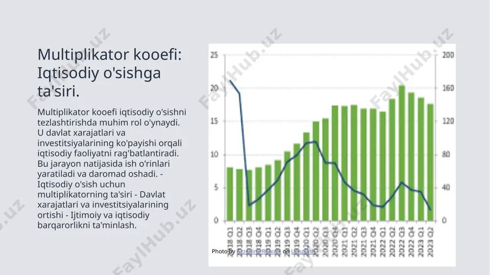 tonda moliyaviy barqarorlikni ta'minlashda moliyaviy nazoratni kuchaytirish muhim. bunga, bank tizimi va moliya institutlarining faoliyatini nazorat qilish kiradi. iqtisodiy diversifikatsiya iqtisodiy diversifikatsiya orqali o'zbekiston resurslaridan samarali foydalanish, yangi sanoatlarni rivojlantirish va qishloq xo'jaligini modernizatsiya qilish zarur. ta'lim va malaka malakali kadrlar tayyorlash va ta'lim tizimini rivojlantirish, moliyaviy barqarorlikni oshirishda muhim rol o'ynaydi. bu iqtisodiy o'sishga ijobiy ta'sir qiladi. xulosa 1 moliyaviy barqarorlikning ahamiyati moliyaviy barqarorlik, iqtisodiy o'sish va barqarorlikni ta'minlashda asosiy rol o'ynaydi. bu, mamlakatlar o'rtasidagi iqtisodiy munosabatlarni mustahkamlashga yordam beradi. 2 multiplikator ta'sirining roli multiplikator ta'siri iqtisodiy siyosatning samaradorligini oshiradi. bu, davlat xarajatlari va investitsiyalarining iqtisodiy o'sishga ta'sirini kuchaytiradi. 3 o'zbekiston uchun strategiyalar o'zbekistonda moliyaviy barqarorlikni ta'minlash uchun samarali strategiyalar ishlab chiqish zarur. bu, iqtisodiy o'sish va barqarorlikni ta'minlaydi. image1.tmp image2.jpg image3.tmp /docprops/thumbnail.jpeg