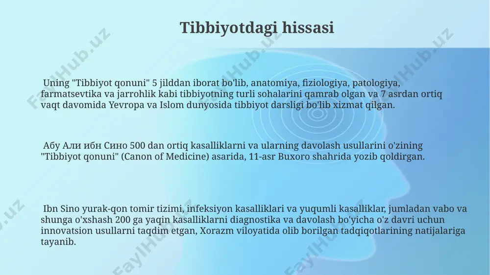 a tabiatshunoslikka oid 20 dan ortiq asarda o'z aksini topgan. matematika va astronomiyadagi yutuqlari uning "al-qanun fi-t-tib" asarida 10-asrda islom olamida ma’lum bo‘lgan matematik va astronomik bilimlar, shu jumladan, sferik trigonometriya va geometrik masalalarni yechish usullari bayon etilgan. ibn sino sayyoralar harakatini hisoblash uchun murakkab matematik modellarni ishlab chiqqan va bu modellar o‘z davri uchun yuqori aniqlikka ega bo‘lgan, bağdod va marv kabi shaharlardagi astronomlar tomonidan qo‘llanilgan. ibn sino geometriya, algebra va trigonometriya sohalarida muhim hisob-kitoblarni amalga oshirgan, xususan, samarqanddagi kuzatishlari asosida astronomik jadvallar tuzgan. e'tiboringiz uchun rahmat @taqdimot_robot image1.png