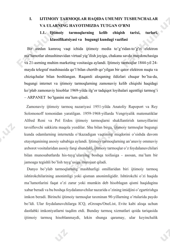 rida paydo bo’ldi. ular foydalanuvchilarga icq, egroups/onelist, evite kabi aloqa uchun dastlabki imkoniyatlarni taqdim etdi. bunday tarmoq xizmatlari qoida tariqasida ijtimoiy tarmoq hisoblanmaydi, lekin shunga qaramay, ular keyinchalik foydalanuvchilarning muloqoti va o’zaro ta’siri uchun onlayn xizmatlar ishlab chiqilishiga asos bo’ldi. profil - bu ro’yxatdan o’tgandan keyin onlayn hayot boshlanadigan joy. profilda odatda ishtirokchining jinsi, yoshi, oilaviy ahvoli, ma’lumoti, ish joylari va qiziqishlari haqidagi ma’lumotlar mavjud. ijtimoiy tarmoqlar paydo bo’lishining rasmiy sanasi. ijtimoiy tarmoqlar internet bo’ylab g’alabali yurishini 1995-yilda amerikaning classmates.com portali ("odnoklassniki" uning rossiyadagi muqobili) bilan boshladi. loyiha juda muvaffaqiyatli bo’ldi va bu keyingi bir necha yil ichida o’nlab shunga o’xshash xizmatlarning paydo bo’lishiga sabab bo’ldi. ammo ijtimoiy tarmoq portlashining rasmiy boshlanishi linkedin, myspace va facebook ishga tushirilgan 2003-2004 yillar deb hisoblanadi. ijtimoiy tarmoqlar modasi rossiyaga ikki yil o’tib – 2006-yilda odnoklassniki va vkontakte paydo bo’lishi bilan kirib keldi. ijtimoiy tarmoqlar har bir kishi o’zining virtual "men"ini yaratishi uchun texnik …
