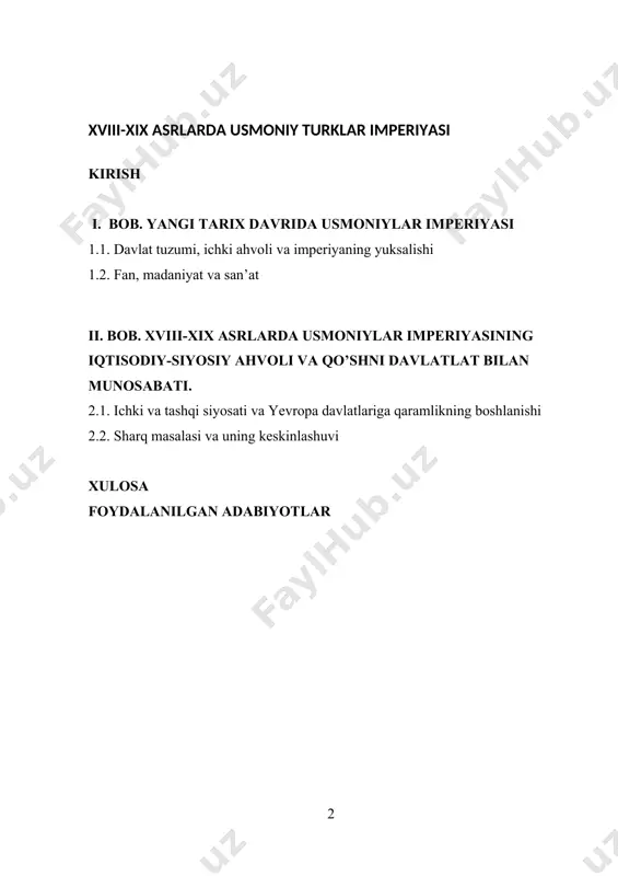 ing atroflari egallangan. davlatning dastlabki poytaxti melangiya, 1326— 1362-yillarda bursa boʻlgan. sulton murod i, 1362-yilda poytaxtni bursadan edirna (adrianopol)ga koʻchirgan. uning hukmronlik davrida yevropada yangi hududlar zabt etilgan. kosovo maydonida boʻlgan jang (1389)da serblar maglubiyatga uchragach, serbiya usmonli imperiyasiga qoʻshib olindi. sulton boyazid i yildirim bolgariyaning poytaxti tirnovo (1393)ni egallab, nikopol ostonalarida salibchi ritsarlarning birlashgan 60.000 kishilik qoʻshinini maglubiyatga uchratdi (1396) va vizantiyaning poytaxti konstantinopolni qamal qilishga kirishdi. u bolgariya, valaxiya, makedoniya, fessaliyani oʻz davlati tarkibiga kiritdi. biroq, 1402-yilda boʻlgan anqara jangi amir temur qoʻshinidan usmonli imperiyasi ning maglubiyatga uchrashi vizantiya imperiyasini mukarrar halokatdan saqlab qoldi. sulton mahmud i va murod ii hukmronliklari davrida qoʻldan ketgan hududlar qaytarib olingan. adolatli va insofli hukmdor sifatida nom chiqargan murod ii gʻoziy 1422-yil konstantinopolga hujum qiladi. varna yaqini (1444-yil 10-noyabr) va kosovo maydoni (1448-yil 17— 19 dekabr)da chex-mojarlar qoʻshinini magʻlubiyatga uchratib, 1449—50-yillarda albaniya ustiga 2 marta yurish qilgan bo’lib, bu kurs ishini yozishning …