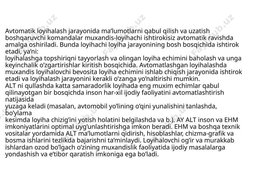 iradi. amaliy dasturlarni ishlab chiqishda quyidagilar kuzda tutiladi: -dastur tuzishning yagona tilini qo’llash; -standart dasturlardan foydalanish; - dasturlar unifikatsiyasi; - ma’lumotlarni qayta ishlashning barcha bosqichlarida ularni nazorat qilish imkoniyati; - ma’lumotlarni saqlash va ularni qayta ishlashda ularga tuzatma kiritish imkoniyati; - kompyuterga ma’lumotlarni kiritishning bir marotabaligi;- xar xil darajadagi eslab qoluvchi qo’rilmalar o’rtasida almashinuvni tashkil qilish; - loyihalovchilar talabi asosida axborotlarni etkazib berish imkoniyati xulosa men xulosam shundan iboratki muxandis-loyihalovchi tomonidan alt texnik vositasi yordamida qurilish ob’ektining matematik modelini tuzish ijodiy jarayonida, bu modelning yutuq va kamchiliklarini tezlikda taxlil qilish loyihalashdan ishlarn chora tadbirlarni ishlarni olib boorish lozim бабков в.ф., андреев о.в. автомобиль йўлларини қидирув ва лойиҳалаш. 1-2 қисмлар. а.р.қодирова томонидан муаллифлаштирилган ўзбек тилидаги таржимаси. тайи. 2015 й. 266 б. s.i. xolmuhamedov., r. j. hakimova. aerodromlarni loyihalash asoslari. toshkent. “voris- nashriyot” 2012 y - 320 b. m.t. nizomova. aerodromlarni qidirish va loyihalash. ma’ruzalar matni. toshkent. 2006-116 b. а.ф.шахидов, а.х.ўроқов, р.м. …