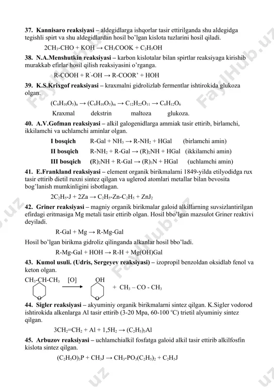 i – akyuminiy organik birikmalarni sintez qilgan. k.sigler vodorod ishtirokida alkenlarga al tasir ettirib (3-20 mpa, 60-100 oc) trietil alyuminiy sintez qilgan. 3ch2=ch2 + al + 1,5h2 → (c2h5)3al 45. arbuzov reaksiyasi – uchlamchialkil fosfatga galoid alkil tasir ettirib alkilfosfin kislota sintez qilgan. (c2h5o)3p + ch3j → ch3-po3(c2h5)2 + c2h5j 46. k.v.sheyele reaksiyasi – sut kislotani qatiqdan ajratib olgan. 47. tishchenko reaksiyasi. 3ch3-cho + (c2h5)3al → 3ch3-cooc2h5 + alh3 48. nesmyenov reaksiyasi. alkinlarga hgcl2 tasiri. ch3-cch + hgcl2 → ch3-ccl=ch-hgcl 49. sabatye reaksiyasi. alkenlarni gidrogenlab alkan olish reaksiyasini kashf etgan. cnh2n + h2 → cnh2n+2 ch2 = ch2 + h2 → ch3 – ch3 50. nyulends reaksiyasi. c2h2 ni 80 oc da cucl va nh4cl katalizatorligida vinil atsetilen oladi. hcch + hcch → h2c=ch-cch 51. favorskiy reaksiyasi -alkinlarni izomerlanishni kashf etgan. katalizator naoh ning spirtli eritmasi. ch3-ch2-c≡ch (naoh spirt ert) → ch3ccch3 ch3-c(ch3)-cch → ch3-c(ch3)=c=ch2 52. vyurs - fittig reaksiyasi …