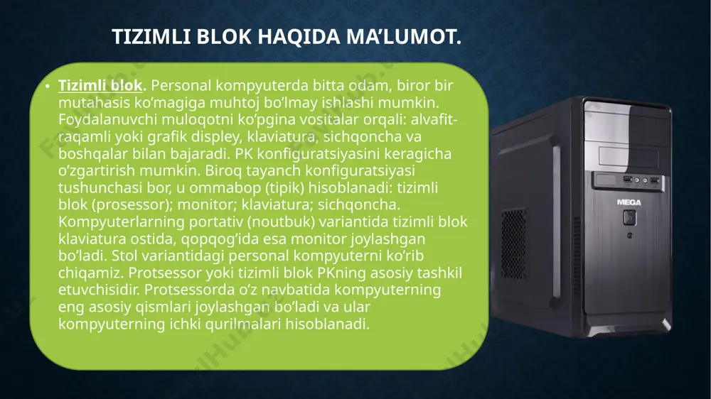 huvidan qatʼiy nazar) kirish imkonini beruvchi kompyuter xotirasining turlaridan biridir. protsessor qisqa vaqt ichida koʻp ishlatiladigan jarayonlarni tezkor xotiraga yuklab oladi va bu kompyuterni ishlashini tezlashtirish uchun xizmat qiladi. tezkor xotirani asosiy oʻlchov birligi uning xotira hajmi boʻlib, kilobayt, megabayt, gigabaytlarda oʻlchanadi. tezkor xotira chastotasi — tezkor xotira shinalaridan maʼlum vaqt ichida oʻtadigan maʼlumotlar oqimi sonini anglatadi. hdd xotira qurilmasi vinchester (ing. hard disk — qattiq disk) — kompyuterdagi barcha dastur va maʼlumotlar saqlanadigan xotira qurilmasi. qattiq magnit disklardagi yigʻuvchilar vinchester nomi ostidagi qattiq magnit disklardagi yigʻuvchilar (qmdy) shklarda keng tarqalgan. diskyurituvchi kompyuterning diskdagi maʼlumotlarni kompyuterga koʻchirib olish yoki kompyu-terdagi maʼlumotlarni diskka koʻchirib olish uchun moʻljallangan moslamasi. tok manbai bloki. tok manbai blokini asosiy masalasi personal komp’yuterni elektr energiyasi bilan taminlashdir. u 220 v o’zgaruvchi tokni 5 va 12 v o’zgarmas tokga aylantirib beradi.aqh va boshqa ba’zi mamlakatlarda tarmoqda 120 v bo’lganligi sababli, 120 v ni 5 v yoki 12 …