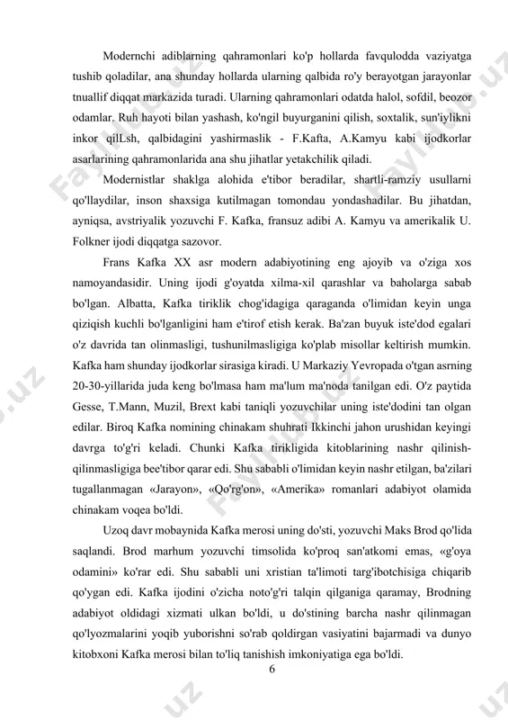 ining chinakam shuhrati ikkinchi jahon urushidan keyingi davrga to'g'ri keladi. chunki kafka tirikligida kitoblarining nashr qilinish-qilinmasligiga bee'tibor qarar edi. shu sababli o'limidan keyin nashr etilgan, ba'zilari tugallanmagan «jarayon», «qo'rg'on», «amerika» romanlari adabiyot olamida chinakam voqea bo'ldi. uzoq davr mobaynida kafka merosi uning do'sti, yozuvchi maks brod qo'lida saqlandi. brod marhum yozuvchi timsolida ko'proq san'atkomi emas, «g'oya odamini» ko'rar edi. shu sababli uni xristian ta'limoti targ'ibotchisiga chiqarib qo'ygan edi. kafka ijodini o'zicha noto'g'ri talqin qilganiga qaramay, brodning adabiyot oldidagi xizmati ulkan bo'ldi, u do'stining barcha nashr qilinmagan qo'lyozmalarini yoqib yuborishni so'rab qoldirgan vasiyatini bajarmadi va dunyo kitobxoni kafka merosi bilan to'liq tanishish imkoniyatiga ega bo'ldi. kafka nomi shuhrat cho'qqisiga chiqqach, barcha uni o'zicha talqin qilish va ulug'lashga o'tdi. dastlab amerikada boshlangan kafkani yangidan tanish asta-sekin butun dunyoga yoyildi. tanqidchilik buning sababini yozuvchi asarlarida ko'zga tashlanadigan payg'ambarona bashoratlarda ko'radilar. kafka hech qachon payg'ambarlikka da'vo qilrnagan edi, biroq u dunyo taraqqiyotidagi ba'zi tamoyillarni …