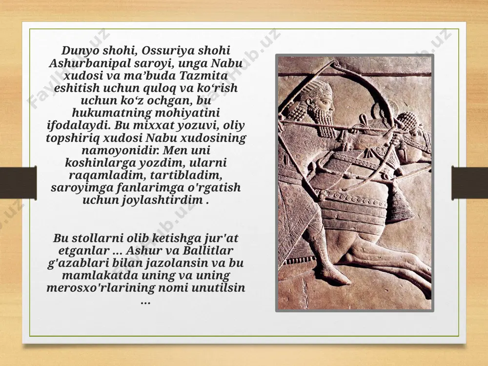 talar / 15-12 asrlar. miloddan avvalgi./. 1. xitoy adabiyotining kelib chiqishida ( miloddan avvalgi xviii - xiii asrlar) eng qadimiy lug'at " showen " língíngān / i asr / 9350 ieroglifni o'z ichiga oladi, " kangxi q zidian " kāngāngāngān / 18- asr boshi ) allaqachon 49 mingdan ortiq belgi-so'zni o'z ichiga oladi ; zamonaviy lug'atlarda 60 mingga yaqin belgilar mavjud. 1. xitoy adabiyotining kelib chiqishida ( miloddan avvalgi xviii - xiii asrlar) chjou yozuvlari uzunroq, ularning ba'zilarida 500 tagacha belgilar mavjud. bronzadagi yozuvlar toshbaqa qobig'i va qurbonlik hayvonlarining suyaklaridagi yozuvlardan sezilarli darajada farq qiladi. ular shakl jihatdan mukammalroq, ularning uslubi chjou sulolasi davrida nasrning rivojlanishi davom etganligini ko'rsatadi. qadimgi xitoy adabiyoti asosan venyanda yaratilgan boʻlib, u xx asr boshlarigacha adabiy asarlar uchun yagona til standarti hisoblangan. image7.png image8.jpg image9.jpeg image10.jpeg image11.jpeg image12.jpg image13.jpeg image14.jpeg image3.png image4.png /docprops/thumbnail.jpeg