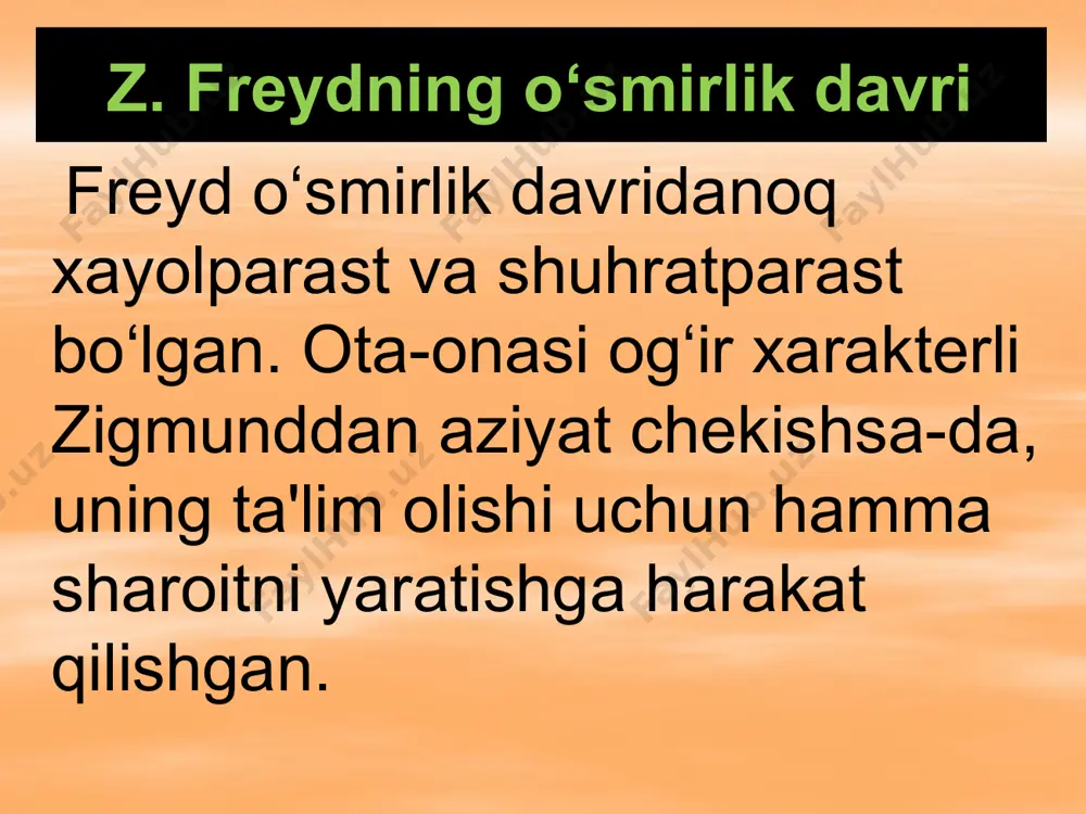 z usuli katarsisga, ya'ni ruhiy poklanish usuliga asoslangan? psixoanalitik bilan yolg‘iz qolgan mijoz o‘zini erkin qo‘yib, ko‘zlarini yarim yumgan holda bemalol joylashib oladi va xayoliga kelgan ma'nili va bema'ni fikrlarni psixoanalitikka so‘zlab beradi. zigmund freyd nimadan o‘lgan? z.freyd 1923-yil og‘iz bo‘shlig‘i rakidan operatsiya bo‘ladi. 1939-yil 23-sentabrda o‘lishni afzal ko‘radi. evtanaziya! freyddan keyingi psixoanaliz z.freydning safdoshlari va shogirdlari: alfred adler – individual psixologiya ta'limoti asoschisi. karl gustav yung – analitik psixologiya asoschisi. neofreydizm 20-asrning 30-chi yillari paydo bo‘ldi к.хоrni ta’limoti k. xorni: odamlar 3 toifaga bo‘linadi: odamlarga intiluvchilar; odamlardan yiroqlashuvchilar; odamlarga qarshi turuvchilar. к.хоrni ta’limoti (davomi) 3 xil nevrotik shaxs qanday shakllanadi: 1) itoatkor, qanday bo‘lmasin birovning muhabbatini va e'tiborini qozonishni istovchi; 2) o‘jar, odamlardan va jamiyatdan yiroqlashishga intiluvchi; 3) davlatparast va odamlar ustidan hukmronlikka intiluvchi. к. хоrni nevroz haqida: k.xorni: nevroz kurtaklari bola tug‘ilgandan keyingi xavotirdan boshlanadi va unga dushman bo‘lgan adovatli dunyo bilan kurashish natijasida davom etadi. buning natijasida …