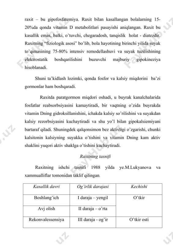 qo’zg’alishlarga qaltirash (qattiq shovqin, to’satdan yorug’lik tushishi). bolaning uyqusi yuzaki va qo’rquvli bo’lib qoladi. ter ajralishi kuchayadi, asosan boshning soch qismida va yuzda, turg’un qizil dermografizm aniqlanadi. ter nordon hidli bo’ladi va terini qichishtiradi. bola boshini yostiqga ishqalaydi, ensa sohasida soch to’kilishi paydo bo’ladi. bu yosh uchun xos bo’lgan mushaklar fiziologik gipertonusi, mushak gipotoniyasi bilan almashinadi. katta liqildoq chegaralari va kalla choklari mo’rtlashadi, suyak-tog’ay birikkan joyda qovurg’alar yo’g’onlashadi (“raxit tasmalari”). kaft suyaklari rentgenogrammasida suyak to’qimalarining siyraklashishi kuzatiladi. qon bioximik tekshiruvida kalsiy konsentratsiyasi normal yoki yuqori, fosfat konsentratsiyasi pasayganligi aniqlanadi; ishqoriy fosfataza aktivligi yuqori bo’lishi mumkin. peshob tahlilida fosfaturiya, ammiak va aminokislotalar miqdori ortadi. kasallikning avj olgan davri kasallikni avj olgan davri bola hayotining birinchi yarim yilligi oxiriga to’g’ri keladi va asab tizimi, tayanch-harakat apparatining yanada kuchliroq o’zgarishlari bilan xarakterlanadi. raxitning o’tkir kechishida yaqqol namoyon bo’luvchi osteomalyatsiya jarayoni kalla yassi suyaklarining yumshoqlanishiga olib keladi (kraniotabes), keyinchalik, ko’p hollarda ensaning yassilanishi kuzatiladi. …
