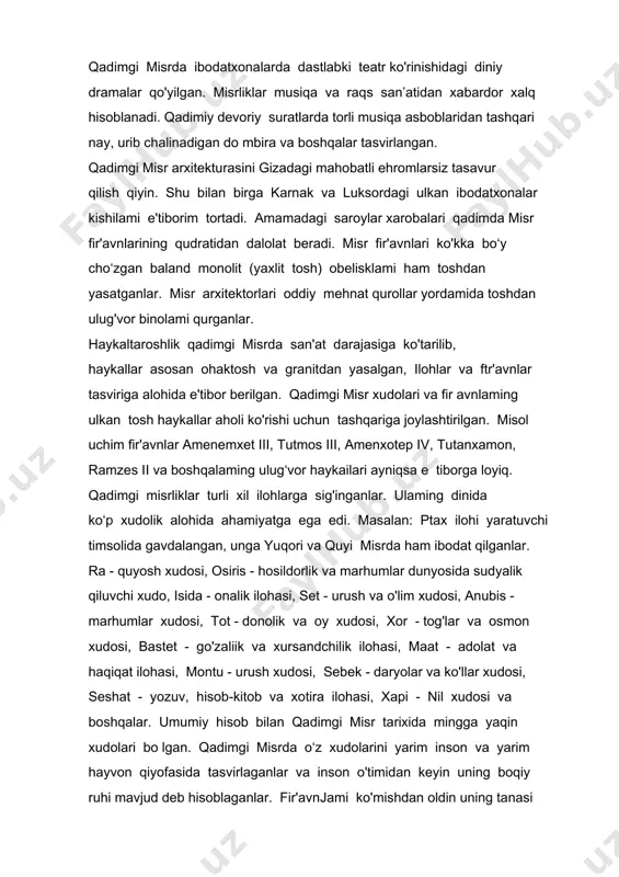 srliklar musiqa va raqs san’atidan xabardor xalq hisoblanadi. qadimiy devoriy suratlarda torli musiqa asboblaridan tashqari nay, urib chalinadigan do mbira va boshqalar tasvirlangan. qadimgi misr arxitekturasini gizadagi mahobatli ehromlarsiz tasavur qilish qiyin. shu bilan birga karnak va luksordagi ulkan ibodatxonalar kishilami e'tiborim tortadi. amamadagi saroylar xarobalari qadimda misr fir'avnlarining qudratidan dalolat beradi. misr fir'avnlari ko'kka bo‘y cho‘zgan baland monolit (yaxlit tosh) obelisklami ham toshdan yasatganlar. misr arxitektorlari oddiy mehnat qurollar yordamida toshdan ulug'vor binolami qurganlar. haykaltaroshlik qadimgi misrda san'at darajasiga ko'tarilib, haykallar asosan ohaktosh va granitdan yasalgan, ilohlar va ftr'avnlar tasviriga alohida e'tibor berilgan. qadimgi misr xudolari va fir avnlaming ulkan tosh haykallar aholi ko'rishi uchun tashqariga joylashtirilgan. misol uchim fir'avnlar amenemxet iii, tutmos iii, amenxotep iv, tutanxamon, ramzes ii va boshqalaming ulug‘vor haykailari ayniqsa e tiborga loyiq. qadimgi misrliklar turli xil ilohlarga sig'inganlar. ulaming dinida ko‘p xudolik alohida ahamiyatga ega edi. masalan: ptax ilohi yaratuvchi timsolida gavdalangan, unga yuqori …