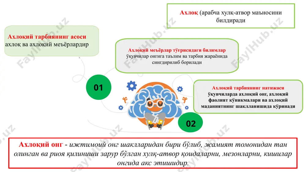 сабр-тоқати, чидамлилиги, мустақиллиги, интизомлилик, масъулиятни ҳис қилиш, ўз-ўзини танқид ахлоқнинг умумижтимоий аҳамиятга молик бўлган қадриятларга нималар киради? 3 с ахлоқий тарбия ахлоқнинг кишиларга хос сифатлар (хислатлар) нинг муҳим томонларига нималар киради? 4 д лотинча «moralis» хулқ-атвор маъносини билдиради муайян жамият томонидан тан олинган ва риоя қилиниши зарур бўлган хулқ-атвор қоидалари, мезонларини ўқувчилар онгига сингдириш уларда ахлоқий онг, ахлоқий фаолият кўникмалари ҳамда ахлоқий маданиятни шакллантиришга йўналтирилган педагогик жараён бу ....? 5 е ахлоқ ахлоқ тушунчасининг луғавий маъноси қайси жавобда тўғри кўрсатилган? 6 ж и.а.каримов ўйлаб қўринг? ижтимоий характерга эга бўлган, ўз даври муаммо ва эхтиёжларини акс эттирадиган, инсон руҳиятига кучли таъсир кўрсатадиган тафаккур маҳсули бу....? ахлоқий тарбиянинг натижаси нималарда акс этади? ўқувчиларда ахлоқий онг, ахлоқий фаолият кўникмалари ва ахлоқий маданиятнинг шаклланишида кўринишида ахлоқий меъёрлар тўғрисидаги билимлар қандай амалга оширлади? ўқувчилар онгига таълим ва тарбия жараёнида сингдирилиб борилади ижтимоий онг шаклларидан бири бўлиб, жамият томонидан тан олинган ва риоя қилиниши зарур бўлган …