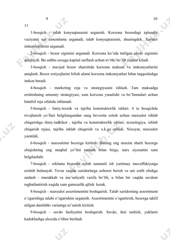 i taxlil etishni talab kiladi. bozorni urganish maksadni belgilash va izlanish rejasini to’zishdan belgilanadi. undan keyin bir necha yil davomida maxsulot sotish natijalari taxlil qilinib, xato va noaniqliklar aniqlanadi, marketing bo’yicha mutaxassislar fikri o’rganiladi. axborot turli manbaalar: matbuot, reklama, telefon orqali, surov anketalari tarkatish va yigish vositasida yigiladi. anketa surovi intervyu olish yoki telefon orqali surov utkazish bilan tuldirilishi mumkin. bozorda mavjud vaziyatni bilgan xolda korxonada ishlab chiqarish va ta’minlov - savdo faoliyatini rivojlantirish bo’yicha tavisiyalar ishlab chiqish mumkin. korxonalar davriy ravishda (yiliga bir necha marta) bozordagi o’z xolatini anklash lozim. bozor potensial sigimi deganda ma’lum vaqt davomida amalga oshirish mumkin bo’lgan savdo xajmi tushuniladi. o’zok istikbol uchun rejalar 15-2g yilni, urta mudatli 5 yil, kiska muddatli 1-2 yilga muljallangan bo’ladi. bozor yangi maxsulot chiqarishda bozor sigimini aniqlash muxim ahamiyatiiyatga ega. bozor sigimi va konyuqturasini urganish bilan korxonadan tashqari yoki uning tapshirigi bilan boshqa xo’jalik xisobida ishlovchi tashkilot (qiti, marketing …