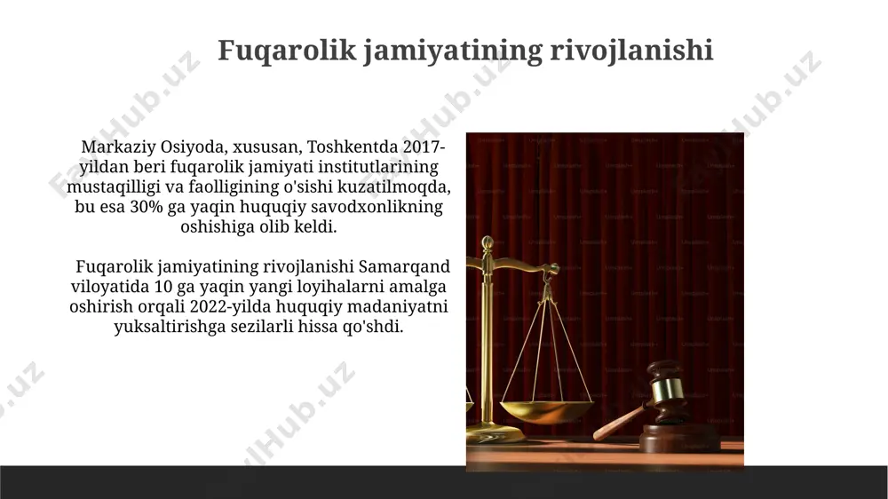 shunchalari fuqarolik huquqining subyektlari jismoniy va yuridik shaxslar bo‘lib, ularning huquq va majburiyatlari toshkent shahri kabi yirik shaharlarda ham, qishloq joylarda ham bir xil qo‘llaniladi. o‘zbekiston respublikasining 1995-yilda qabul qilingan fuqarolik kodeksi, 120 dan ortiq moddalar bilan fuqarolarning mulkiy huquqlarini, 20 dan ortiq turdagi shartnomalarni va 5 yildan ortiq muddatga mo‘ljallangan huquqiy munosabatlarni tartibga soladi. meros huquqi “huquqiy meros” atamasi o‘zbekiston, qozog‘iston va qirg‘iziston kabi markaziy osiyo davlatlarining fuqarolik huquqida qo‘llaniladi va merosxo‘rlar soniga va ularning huquqlariga 30 dan ortiq qoidalar bilan aniqlik kiritiladi. “huquqiy meros” deganda o‘zbekiston respublikasining fuqarolik kodeksining 1223-moddasiga asosan, 200-moddadan ko‘proq moddalar bilan tartibga solingan fuqaroning o‘limidan keyin qolgan mulkiy huquq va majburiyatlarining majmuini tushunish lozim. fuqaro sifatida huquqiy layoqat o'zbekiston respublikasining fuqarolik kodeksi 1996-yilda qabul qilingan bo'lib, unda fuqarolarning huquqiy layoqati, huquq va majburiyatlari, shuningdek, ularning huquqiy munosabatlardagi roli tafsilot bilan bayon etilgan. huquqiy layoqat cheklangan shaxslar, masalan, 14 yoshdan 18 yoshgacha bo'lgan voyaga yetmaganlar, …