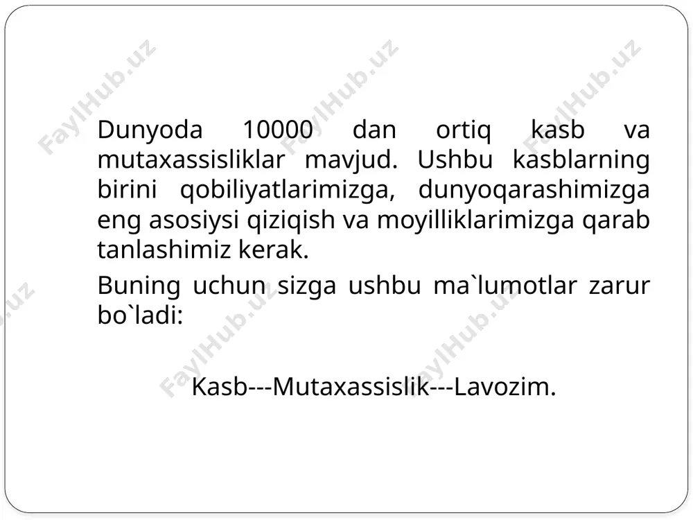 iy maqsadi ya’ni transformatsiya, garchi aniqlab olish (diagnostika) ham mavjud bo'lsa). to'rtinchi mezon bo'yicha kasblar mehnat sharoitlariga ko'ra guruhlarga bo'linadi: 1. oddiy (maishiy) iqlim sharoitida mehnat. 2. haroratning keskin o'zgarishi, namlik bilan ochiq havoda bo'lish bilan ishlash 3. g'ayrioddiy sharoitlarda ishlash: yer osti, suv ustida, balandlik havoda, issiq ustaxonalarda, mugarrar ishlab chigarish xavfi bo’lish ustaxonalarda. 4. sog'liqni saqlash, odamlar hayoti, katta ijtimoiy, moddiy qadriyatlar uchun ma‘naviy mas'uliyati oshgan mehnat. kasb tanlash formulasi. piramidaning to’rtta-qavati to’ldirilgan beshinchisi hozircha bo’sh qoldirilgan. bu yerga siz o’zingiz tanlagan kasbning bir necha harfdan iborat bo’lgan formulasi shartli belgisini yozib qoyishingiz kerak. bu harflar siz yoqtirgan kasbning tipiga, turkumiga, bo’limiga, guruhiga muvofiq keladi. image2.jpeg image3.jpeg /docprops/thumbnail.jpeg