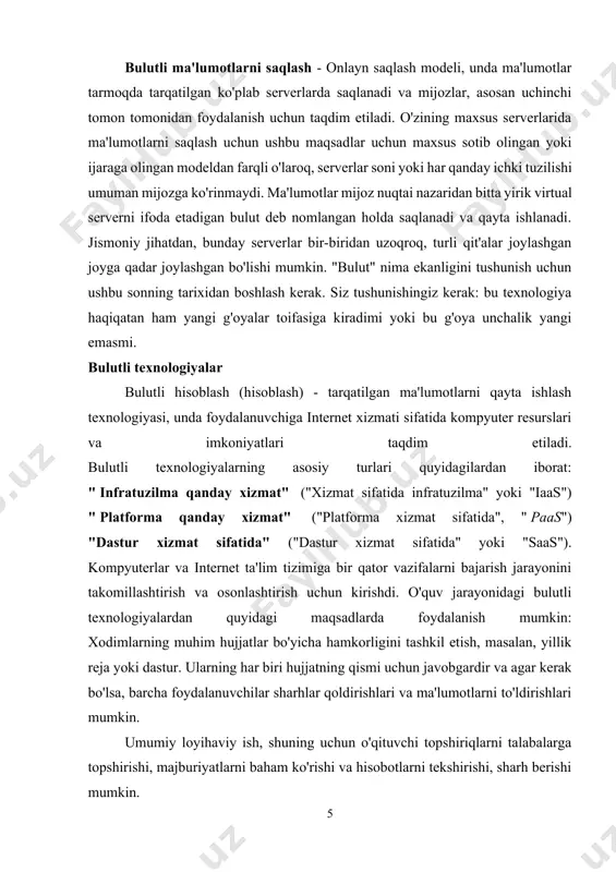 bulutli texnologiyalardan quyidagi maqsadlarda foydalanish mumkin: xodimlarning muhim hujjatlar bo'yicha hamkorligini tashkil etish, masalan, yillik reja yoki dastur. ularning har biri hujjatning qismi uchun javobgardir va agar kerak bo'lsa, barcha foydalanuvchilar sharhlar qoldirishlari va ma'lumotlarni to'ldirishlari mumkin. umumiy loyihaviy ish, shuning uchun o'qituvchi topshiriqlarni talabalarga topshirishi, majburiyatlarni baham ko'rishi va hisobotlarni tekshirishi, sharh berishi mumkin. bulutli texnologiyalar elektron kundalikni yaratish va har qanday yozma topshiriqlarni uzatish uchun ishlatilishi mumkin. bu uy maktabiga boradigan yoki biron bir sababga ko'ra darslarni o'tkazib yuboradigan bolalar uchun juda yaxshi tanlovdir. logistikada bulutli texnologiyalar bulut transport va ombor logistika sohasida juda yaxshi imkoniyatlarga ega. bulutli texnologiyalar yordamida zanjirning barcha ishtirokchilari, ya'ni jo'natuvchi, operatorlar, transport kompaniyasi va qabul qiluvchining to'liq o'zaro ta'sirini ta'minlash mumkin. ularning barchasi qayerda bo'lishidan qat'i nazar, real vaqt rejimida muloqot qilishlari mumkin. bulutli texnologiyalardan foydalanish quyidagi afzalliklarni taklif etadi: · pudratchilar uchun ochiq tenderlar o'tkazish; · eng muvaffaqiyatli yo'nalishlarni aniqlash; · etkazib …