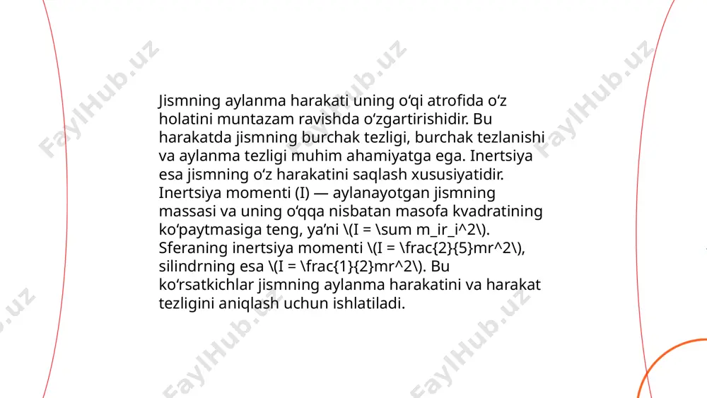 2} \times 10 \times (0.5)^2 = 1.25 \) kg·m² ga teng. bu silindrning aylanishiga qarshilik ko'rsatadigan o'lchovdir. qattiq jismning inertsiya momentlari (o’qqa nisbatan va aralashinertsiya tezroq. inertsiya bosh o’qlari, jismning bosh inertsiya momentlari olimov zokirjon e'tiboringiz uchun raxmat! image1.png image2.png image3.png image4.jpeg image5.png image6.jpeg image7.jpeg