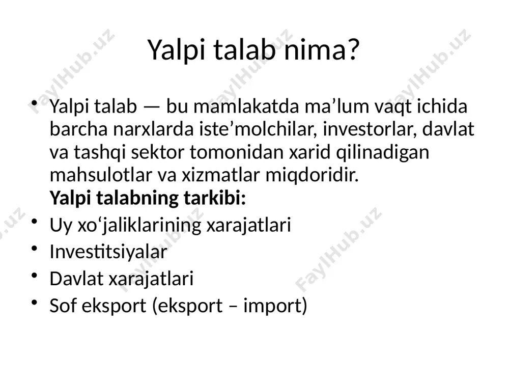 ishlab chiqarish quvvatlarini kengaytirish mehnat unumdorligini oshirish soliq yengilliklari orqali ishlab chiqaruvchilarga rag‘bat berish xulosa yalpi talab va yalpi taklif iqtisodiyotning asosiy harakatlantiruvchi kuchlari hisoblanadi. ularning o‘zaro muvozanati iqtisodiy barqarorlik va o‘sishga erishishda muhim rol o‘ynaydi. yalpi talab va taklifni rag‘batlantirish orqali milliy iqtisodiyotning barqaror rivojlanishini ta’minlash mumkin. foydalanilgan adabiyotlar "makroiqtisodiyot asoslari" – o‘zbekiston respublikasi iqtisodiyot va moliya vazirligi nashri mankiw n.g. – “makroiqtisodiyot”, tarjima nashr www.stat.uz – o‘zbekiston respublikasi statistika agentligi www.imf.org – xalqaro valyuta jamg‘armasi oliy ta’lim iqtisodiyot darsliklari va qo‘llanmalari /docprops/thumbnail.jpeg