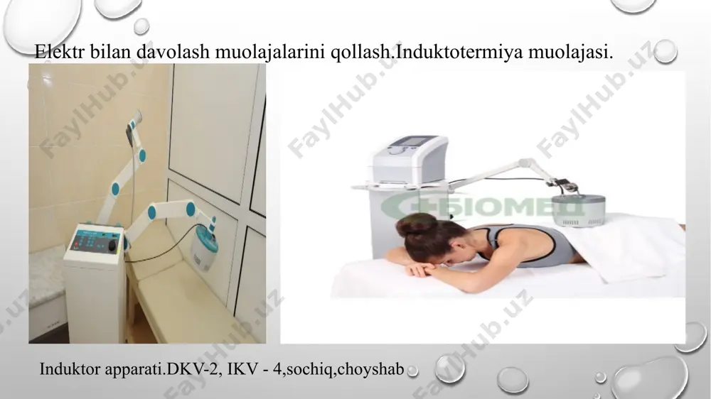 sesslari. 3. yiringli prosesslar 4. xavfli o’smalar 5. tokni ko’tara olmaslik dori elektrofarezi muolajasini otkazish tartibi potok apparati,qistirmalar, choyshab,dori moddasi,qum yostiqcha. dori moddalarini o’zgarmas tok yordamida teri yoki shilliq pardalar orqali organizmga yuborishni dori elektrofarezi deyiladi. muolaja o’tkazish algoritmi. 1. muolaja maqsadini bemorga tushuntiring. 2. apparatni ishlash tartibini ko’zdan kechiring. 3. bemor terisini ko’zdan kechiring (terining qizarib yorilgan,iflosligiga) 4. elektrod qistirmasini namlang va unga tegishli dori eritmasini tomizing, song bemorning kerakli sohasiga qistirma va elektrodni joylashtiring. 5.elektrod ustini qum qopcha bilan bostiring va ustidan choyshab yoki sochiq yoping. 6.bemor terisida qanday sezgi borligini aniqlang. 7.apparatni ishga tushiring va vaqtni belgilang. 8.muolaja 10-15 daqiqa otkaziladi,davo kursi 10-12 ta. galvanizatsiya muolajasini otkazish tartibi apparatlari: agn -32; agp -33;, «potok -1" 60-80-past kuchlanish o’zgarmas tok bilan davolash yoki yo’nalish va kuchlanish bo’lgan tok bilan davolash galvanizasiya deyiladi. 1. muolaja maqsadi bilan bemorga tushuntiring. 2. apparatni ishlash tartibini ko’zdan kechiring. 3. bemor terisini ko’zdan …