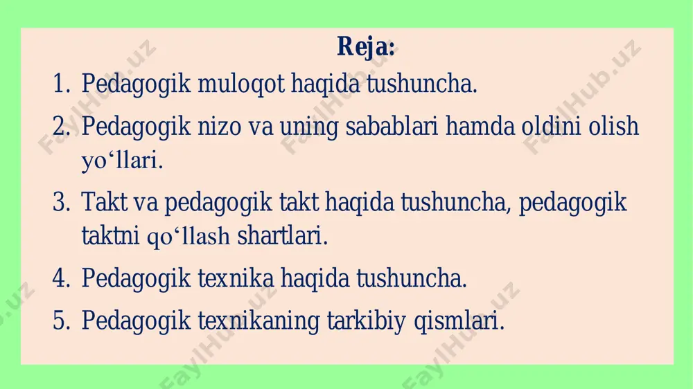 r olib borilgan. birinchidan, muloqotda har bir o‘quvchiga alohida e’tibor va dilkashlik sinf jamoasi bilan umumiy muloqot jarayonini soddalashtiradi, o‘qituvchining erkin pedagogik faoliyati uchun zamin tayyorlaydi, ziddiyatli vaziyatlarni oson hal qiladi ikkinchidan, har bir o‘quvchi bilan o‘zaro munosabatni erkin muloqot asosida tashkil qilish, ularning yosh xususiyatlariga monand pedagogik va psixologik muloqot uslublarini tanlash, uning ruhiyatini bilishga, ichki dunyosiga “kirib borish”ga yo‘l ochadi; uchinchidan, pedagogik muloqotda o‘qituvchining ma’naviy-axloqiy normalari muvaffaqiyatlar kaliti bo‘lib, ta’lim-tarbiya samaradorligini oshiradi, muloqotning barcha bosqichlarida o‘qituvchining o‘z faoliyatidan qoniqish hissini va xotirjamligini ta’minlaydi. o‘qituvchining o‘quvchilar bilan bo‘ladigan muloqot madaniyati individual uslublarini shakllantirish metodikasi quyidagi bosqichlarni o‘z ichiga oladi: 1. o‘quvchilar bilan muloqot qilish madaniyatining individual shaxsiy xususiyatlarini o‘rganishi:  o‘quvchilar shaxsiy xususiyatlarini mustaqil tahlil qilish;  o‘quvchilar ichki imkoniyatlariga har tomonlama tavsif berish;  o‘qituvchining muloqot madaniyatini to‘g‘ri tashkil etishi. 1. shaxsiy muloqotda ro‘y beradigan kamchiliklarni darhol bartaraf etishi:  kamchiliklarga barham berish choralarini darhol izlab topish;  …