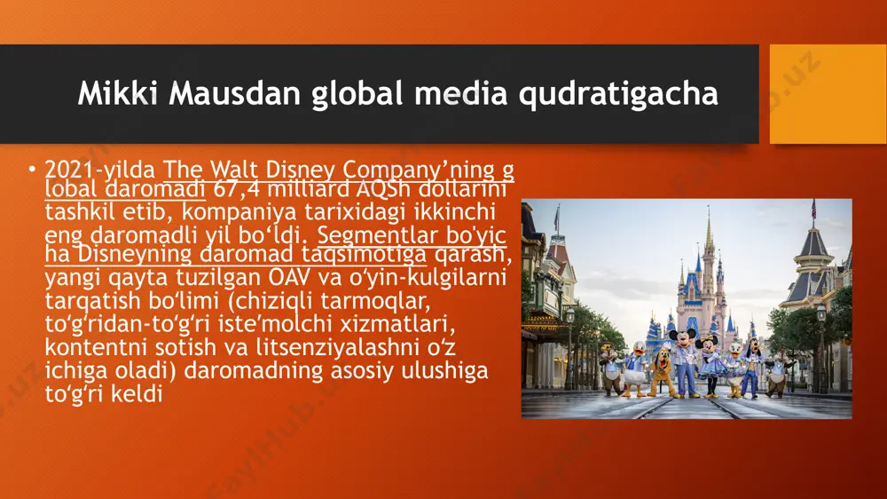 pixar va searchlight kabi benchmark kompaniyalarni o'z ichiga olgan. 2021-yilda qo‘shma shtatlar va kanadada kassa daromadi 165 foizga oshganiga qaramay, o‘sha yilgi ko‘rsatkich disneyning 2019-yilda, pandemiyadan oldin studiyalar bo‘limi yig‘gan mablag‘ning uchdan biridan kamrog‘ini tashkil etdi. shunga qaramay, 2021 yilda aqsh va kanadadagi kassa daromadining to'rtdan bir qismidan ko'prog'ini disneyning o'zi tashkil qilgan. parklar va dam olish xolding shuningdek , koronavirus epidemiyasi va undan keyingi harakatlanish cheklovlaridan qaytishda davom etgan tematik parklari bilan ham mashhur. 2021 yil davomida kompaniyaning yettita eng koʻp tashrif buyurilgan bogʻiga tashrif buyuruvchilar deyarli 51 million kishini tashkil etdi, bu ikki yil avval xabar qilingan 89 milliondan ortiq qabuldan 43 foizga kam. xuddi shunday, walt disney kompaniyasining sof daromadi ham pandemiyagacha bo'lgan standartlardan uzoq bo'lib qoldi. 2022-moliya yilida bu ko‘rsatkich qariyb 3,2 milliard dollarni tashkil etdi, bu 2018-moliya yilida kuzatilgan rekord darajadagi 12,6 milliard dollarlik natijaning to‘rtdan bir qismidan sal ko‘proqdir. disney yiliga qancha pul topadi …