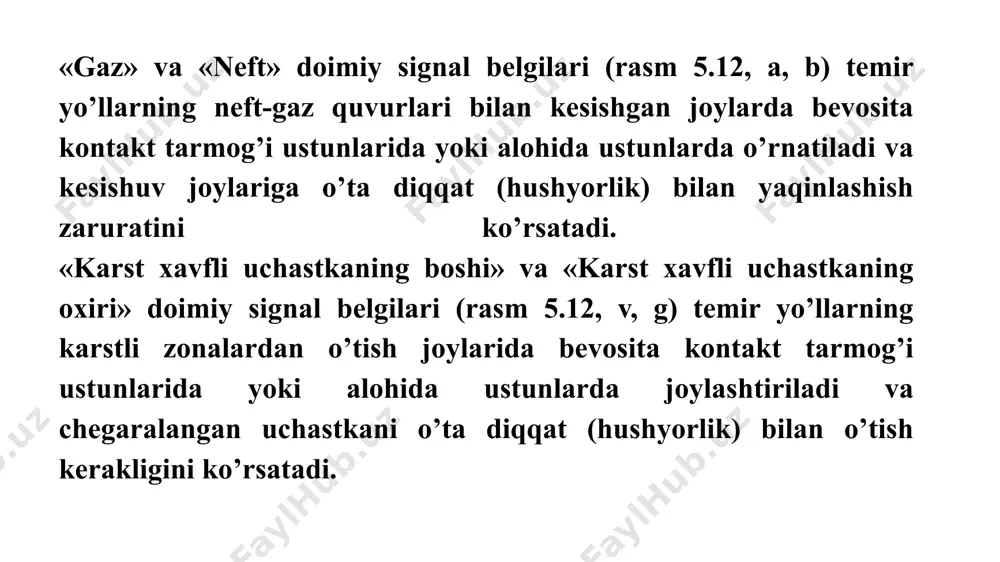 ar) oralig’ida to’хtash taqiqlanadi. cheklovchi ustunchalar undan so’ng harakat tarkibini strelkali o’tkazgich yoki berk kesishuv yo’nalishida joylashtirilishi mumkin bo’lmagan joyni ko’rsatadi (rasm 5.17, a, b). cheklovchi ustunchalarning asosiy va qabul qilish-jo’natish yo’llarida turlicha bo’yalishi kerak (rasm 5.17, b). image1.png image2.png image3.gif image4.gif image5.png image6.png image7.png image8.gif image9.gif image10.gif image11.png image12.gif image13.emf a) b) rasm 5.18 rasm 5.17 /docprops/thumbnail.jpeg
