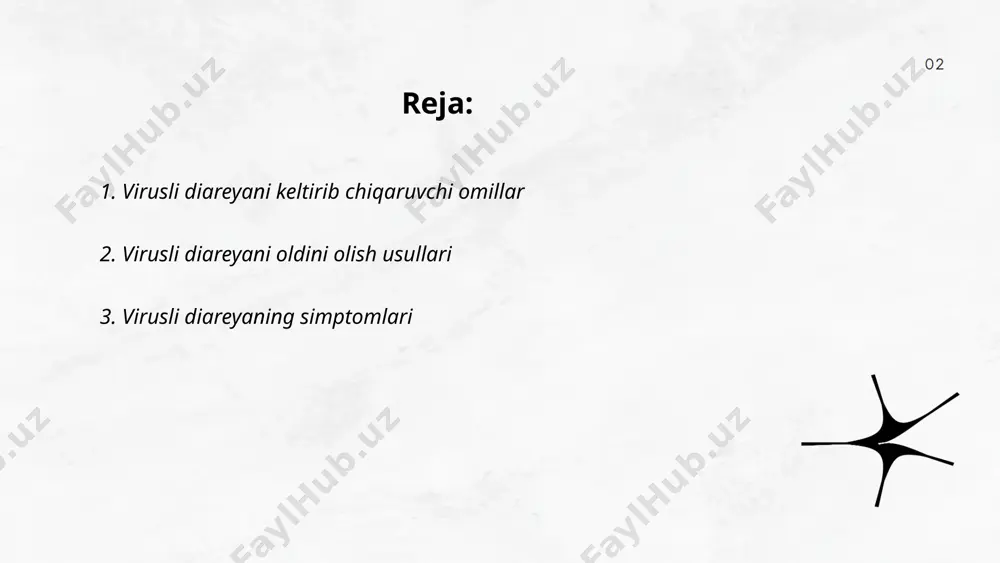 etadi, lekin ba'zi hollarda uzoqroq davom etishi mumkin. virusli diareya keltirib chiqaruvchi viruslar orasida rotavirus va norovirus eng ko’p uchraydi. suv va elektrolit yo'qotilishi organizmda suvsizlanish xavfini oshiradi, shuning uchun bolalarda ko'proq e'tibor talab etiladi. davolash o'z ichiga ko'proq suyuqlik iste'mol qilish hamda simptomlarni yengillashtirishni oladi. ... t.me/slaydai_bot 4. virusli diareyaning diagnostikasi virusli diareyaning diagnostikasi uchun asosiy usullar ichak infektsiyalari simptomlarini baholash va laboratoriya tahlillari o'tkazishdir. diagnostika jarayonida gemogramma, biokimyoviy qon tahlili va bakteriyal kulturelar aniqligi oshirish uchun qo'llaniladi. ich terlama aniqlash uchun serologik testlar, masalan, elisa yoki pcr qo'llanilishi mumkin. rotavirus va norovirus infektsiyalarini aniqlashda antigen tahlillari va molekulyar usullar foydali bo'ladi. tez yordam va to'g'ri davolash uchun o'z vaqtida va aniq diagnostika muhimdir. shu bilan birga, bemorning anamnezini to'g'ri yig'ish va ovqatlanish ehtiyot choralari virusli diareya sababini aniqlashda yordam beradi. ... t.me/slaydai_bot virusli diareya odatda suvsizlanishning oldini olish va simptomlarni kamaytirish maqsadida davolanadi. buning uchun suyuqliklar va elektrolitlar …
