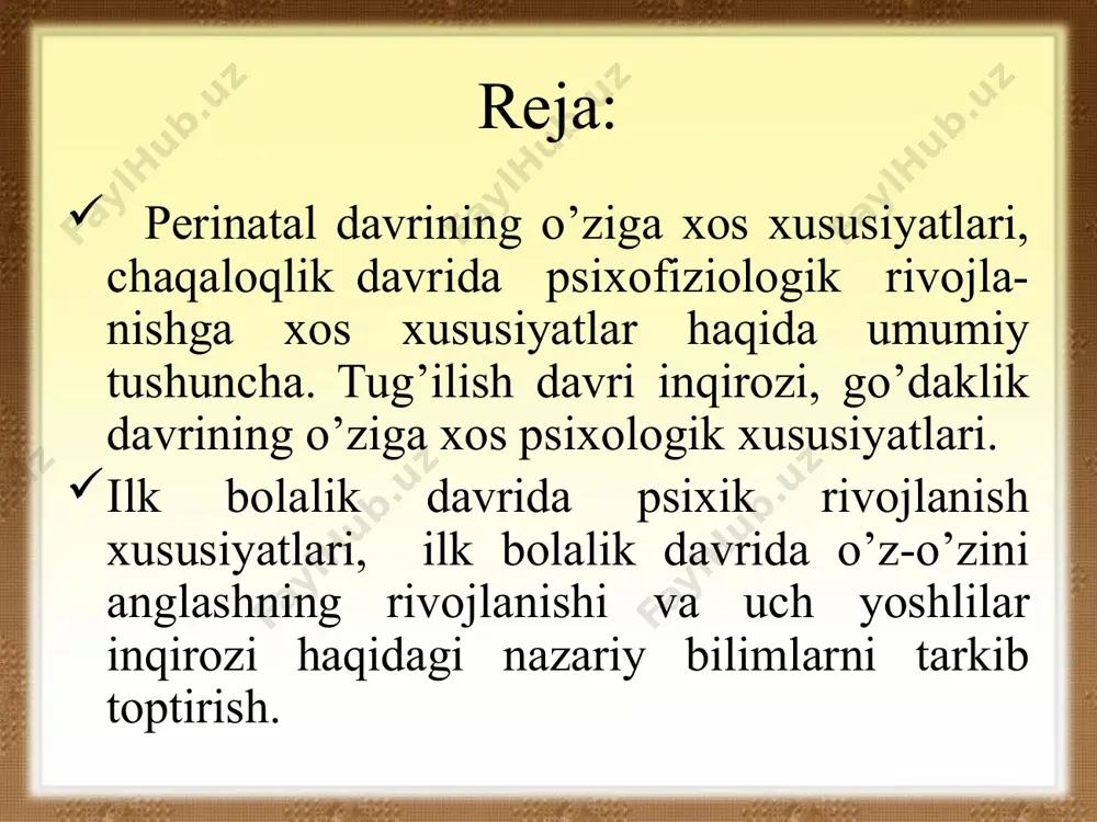 o’tib, tug’ilga davridagi og’irligiga teng kelishi uning tashqi muhitga, yangi sharoitga moslashganligidan darak beradi. yangi tug’ilgan bola anatomik-fziziologk jihatdan hali yetilmagan bo’lib, katta kishi organizmidan o’ziga xos tomonlari bilan farq qiladi. ularning suyak tizimining tez o’sishi bilan kattalardan keskin farq qiladi. ularning muskul va muskul to’qimlari juda bo’sh bo’ladi. muskullar asta-sekin qota boshlaydi. bo’sh suyaklar bola 2-3 oylik bo’lgandagina bir-biriga tutashib ketadi. bola hayotining ilk kunlaridan boshlab individual hayot kechirish jarayonida tashqi muhit bilan aloqa vujudga keladi. bola hayotining ikkinchi oyida unda barcha sezgi organlariga xos reflekslar hosil bo’ladi. ma’lumki, bola tug’ilishi va rivojlanishi davri va bu jarayonda yuzaga keladigan muammolar kishilik jamiyati taraqqiyotining turli davrlarida ham o’z dolzarbligini yo’qotmagan va shunday bo’lib qolgan. o’tgan ajdodlarimiz qomusiy asarlarida bola taraqqiyoti va tarbiyasi masalalari katta o’rin egallaydi. abu nosir farobiyning ”masalalar mohiyati”, abu rayhon beruniyning ”o’tmish yodgorliklari”, ibn sinoning ”tib qonunlari’ shular jumlasidandir. ushbu olimlar tug’ilish va rivojlanish davriga turlicha ta’riflar …