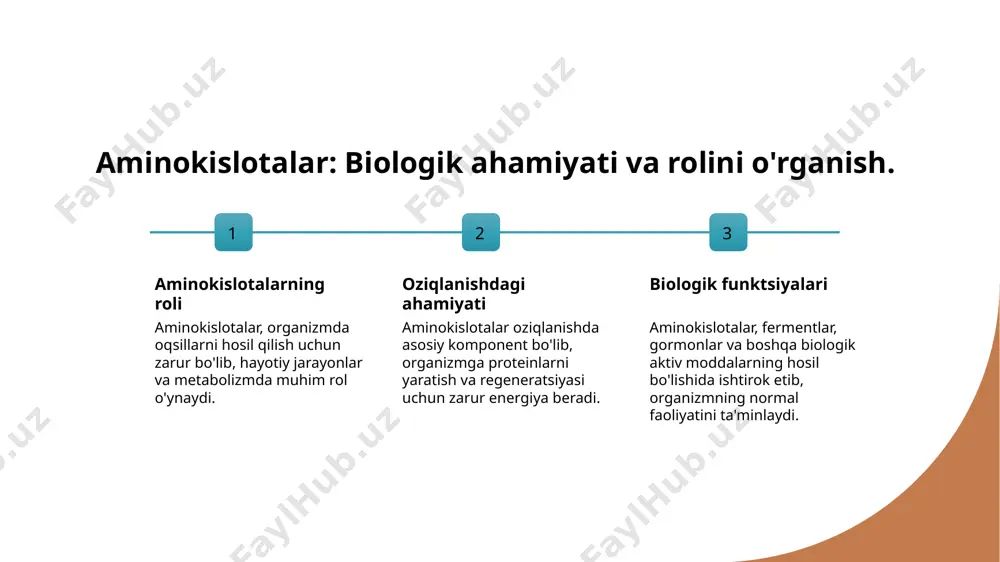 at. ularning tuzilishi proteinlar uchun muhimdir. aminokislotalar proteinlarning asosiy qurilish bloklari bo'lib, ular organizmda ko'plab biologik jarayonlarda, masalan, fermentlar va gormonlar ishlab chiqarishda ishtirok etadilar. aminokislotalar o'zaro ta'sir qilib, turli xil protein strukturalarini hosil qiladi. ularning kimyoviy xususiyatlari, masalan, polar yoki apolar bo'lishi, ularning funktsiyasini belgilaydi. aminokislotalarning biologik xossalari va ularning ahamiyati. 1 biologik funktsiyalar - aminokislotalar oqsillarning asosiy qurilish bloklari bo'lib, biologik funktsiyalarini amalga oshirishda muhim rol o'ynaydi. ular fermentlar, gormonlar va immunitet tizimida ishtirok etadi. 2 oziqlanishdagi ahamiyati - oziq-ovqatda aminokislotalar organizmning normal ishlashi uchun zarurdir. ular to'yinmagan va to'yinadigan aminokislotalar sifatida tasniflanadi, har ikkalasi muhimdir. 3 metabolizm jarayonlari - aminokislotalar metabolizmda energiya ishlab chiqarish va yangi molekulalarning sintezida ishtirok etadi. ular muhim energiya manbai sifatida faoliyat ko'rsatadi. oziqlanish va metabolizmda aminokislotalarning o'zaro ta'siri. oziqlanish asoslari aminokislotalar oziq-ovqatda muhim rol o'ynaydi, ularning mavjudligi oqsil sintezini ta'minlaydi va organizmning ozuqa moddalarini qabul qilishiga yordam beradi. metabolizm jarayonlari aminokislotalar metabolizmda …