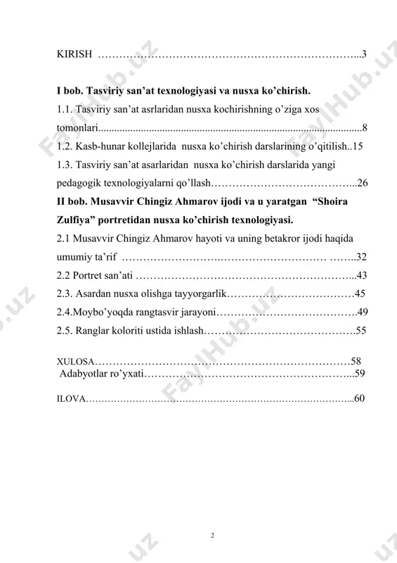 iz, milliy san’atimiz namuna-laridan, ota-bobolarimiz tomonidan yaratilgan va butun jahonga mashxur bо‘lgan ajoyib san’at namunalaridan keng foydalanishga qoida ahamiyat berilmoqda. shu ma’noda respublika hukumati tomonidan xalq ta’limi tnzimini tubdan isloh qilish maqsadida 1997 yili «ta’lim tо‘g‘risida» gi qonun va «kadrlar tayyorlash bо‘yicha milliy dastur»i qabo’l qilindi. unda «о‘zbekiston respublikasining ta’lim sohasidagi siyosatini, umuminsoniy qadriyatlar, xapqning tarixiy tajribasi, madaniyat va fan bobidagi kо‘p asrlik an’analar, jamiyatning istiqboldagi rivojla-mishini hisobga olgan holda yurgiziladi» deyilgan. talabalar ongi va qalbiga milliy istiqlol g'oyasini singdirish ta'lim muassasalaridagi ijtimoiy-gumanitar yo’nalish fanlarning vazifasi bo’lib qolmasdan, balki barcha fanlar tizimi doirasida, shuningdek, o’rta maxsus kasb-hunar kolleji barcha o'quv fanlarining vazifasi sanaladi. bu boradagi ma'naviy-ma'rifiy ishlar keng ko'lamda olib borilib, ta'lim-tarbiya jarayonining barcha jabhalarida asosiy o'rinni egallashi lozim. xususan, tasviriy san'atni o'qitilishida bu vazifa talabalarda vatan to’yg'usini shakllantirish — ona vatanga, uning tabiatiga mehr-muhabbat uyg'otish; o'lkamiz boyliklarini asrab-avaylab, tabiatdagi o'simliklar va hayvonlarga nisbatan ongli va to'g'ri munosabatni tarkib toptirish, …