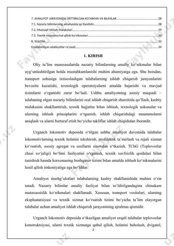 g texnik holatini tekshirish, profilaktik ta’mirlash va rejali xizmat ko‘rsatish, asosiy agregat va uzellarni sinovdan o‘tkazish, tchg (teplovozlar chasi xo‘jaligi) bo‘limi faoliyatini o‘rganish, texnik xavfsizlik qoidalari bilan tanishish hamda korxonaning boshqaruv tizimi bilan amalda ishlash ko‘nikmalarini hosil qilish imkoniyatiga ega bo‘ldilar. amaliyot mashg‘ulotlari talabalarning kasbiy shakllanishida muhim o‘rin tutadi. nazariy bilimlar amaliy faoliyat bilan to‘ldirilgandagina chinakam mutaxassislik ko‘nikmalari shakllanadi. xususan, transport vositalari, ularning ekspluatatsiyasi va texnik xizmat ko‘rsatish tizimi bo‘yicha ta’lim olayotgan talabalar uchun amaliyot ishlab chiqarish jarayonining ajralmas qismidir. urganch lokomotiv deposida o‘tkazilgan amaliyot orqali talabalar teplovozlar konstruktsiyasi, ularni texnik xizmatga qabul qilish, holatini baholash, dvigatel, vagon-sig‘imli tizimlar, generatorlar, tormoz uskunalari va boshqa muhim qismlarni tekshirishda ishtirok etdilar. shuningdek, ular zamonaviy diagnostika asboblari, sinov stendlari va texnik hujjatlarni yuritish uslublari bilan yaqindan tanishdilar. amaliyot davomida ishlab chiqarish intizomi, mehnat muhofazasi va xavfsizlik texnikasi qoidalariga qat’iy rioya qilish, jamoa bilan ishlash, mustaqil tahlil qilish va muammoli vaziyatlardan samarali chiqish ko‘nikmalari …