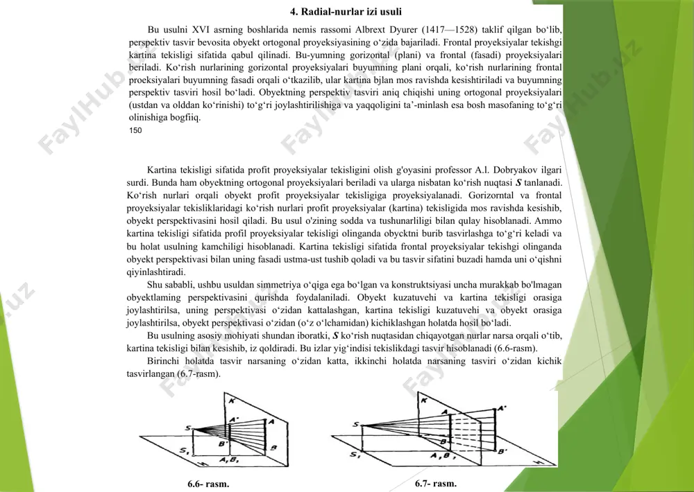 tanlab olinadi. 2. 5 bilan a'b'c'e' va 5, bilan a'„ b'„ c'jf e', nuqtalar tutashtiriladi. shunda kh da a„ bb c}, e, nuqtalar to‘plami hosil bo'ladi. 3. dagi nuqtalardan vertikal chiziqlar chizilib, sa'e va sb'c chiziqlar bilan mos holda kesishayotgan abce nuqtalar, ya’ni izlanayotgan perspektiv tasvir yasaladi. lekin bu tasvir kartinada frontal tekislikka nisbatan qiya holda tasvirlanmoqda. bu tasvimi to‘la va to‘g‘ri ko‘rish uchun kartinaga 5yo‘nalishda qaraladi. bu to‘g‘ri tasvir chizmaning o‘ng tomoniga joylashtiriladi. buning uchun kh kartinasi asosi a^ va c7ey nuqtalari bilan x o‘qining davomiga olib o‘tiladi. atbt va cfij nuqtalardan a^ga perpendikular, kdagi tasvir nuqtalari abce lardan ufq chizig‘iga parallel chiziqlar chiziladi. bu chiziqlar mos ravishda kesishib, abce ning to‘la va to‘g‘ri perspektiv tasvirini hosil qiladi. 3-masala. parallelepiped shaldidagi binoning perspektivasi radial va arxitektor usullari yordamida bajarilsin (6.10-rasm). 1. fasadga nisbatan ufq chizig‘i va planga nisbatan kartina izi kh o‘tkaziladi. ko'rish nuqtasi 5 qoidaga muvofiq optimal ko‘rish …