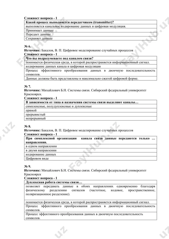 ачения системы связи выделяют каналы… симплексные, полудуплексные и дуплексные прямой прерывистый непрерывный № 8. источник: бакалов, в. п. цифровое моделирование случайных процессов сложност вопроса - 1 при симплексной организации канала связи данные передаются только … направлении. в одном направлении в двумя направлении кодирование данных цифровом виде № 9. источник: михайлович б.н. системы связи. сибирский федеральный университет красноярск сложност вопроса - 1 дуплексная работа системы связи… позволяет передавать данные в обоих направлениях одновременно благодаря физическому разделению сигналов (частотное, кодовое, пространственное, поляризационное разделение). понимается физическая среда, в которой распространяется информационный сигнал. процесс эффективного преобразования данных в двоичную последовательность символов. процесс эффективного преобразования данных в двоичную последовательность символов. № 10. источник: бакалов, в. п. цифровое моделирование случайных процессов сложност вопроса - 1 … режиме работы системы связи происходит временное разделение потоков данных, при этом сигналы передаются по одному каналу связи в разное время. в полудуплексном в дуплексная в симплексной в прямом № 11. …