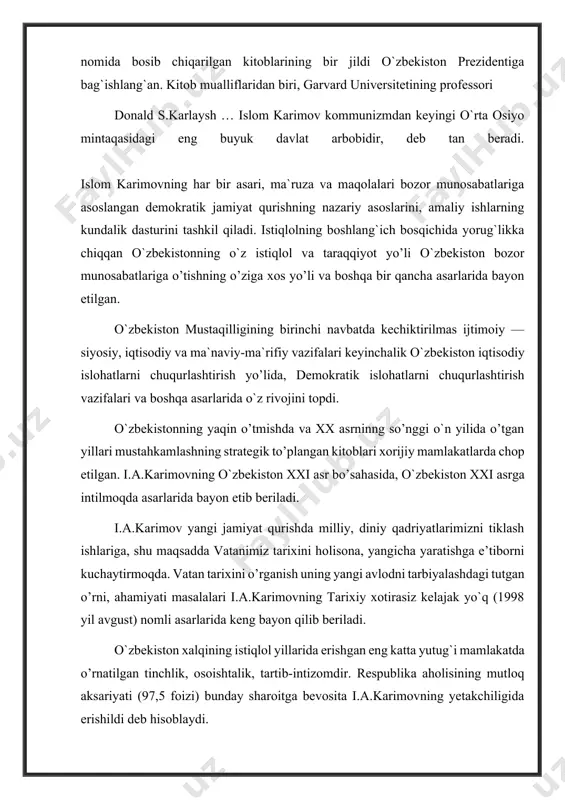 ati masalalari i.a.karimovning tarixiy xotirasiz kelajak yo`q (1998 yil avgust) nomli asarlarida keng bayon qilib beriladi. o`zbekiston xalqining istiqlol yillarida erishgan eng katta yutug`i mamlakatda o’rnatilgan tinchlik, osoishtalik, tartib-intizomdir. respublika aholisining mutloq aksariyati (97,5 foizi) bunday sharoitga bevosita i.a.karimovning yetakchiligida erishildi deb hisoblaydi. i.a.karimov yangi davrning jahon miqyosidagi davlat arbobi. o`zbekiston xalqining buyuk yo`lboshchisi, mamlakatininggina emas, xorijiy davlatlar va xalqaro tashkilotlarning bir qancha nishonlari va unvonlari bilan taqdirlangan. o`zbekiston o’zining davlat mustaqilligini qo’lga kiritgandan so’ng qoraqalpog`iston mustaqil o`zbekiston tarkibidagi suveren respublika deb e`lon qilindi. 1990 yilning 14 dekabrida qoraqalpog`iston respublikasi oliy kengashining iv sessiyasida o`zbekiston respublikasi tarkibida qoraqalpog`iston respublikasi davlat suvereniteti to’g`risida deklaratsiya qabul qilindi. qoraqalpog`iston respublikasi oliy kengashi o`zining xii sessiyasida 1993 yil 9 aprelda qoraqalpog`iston respublikasi konstitutsiyasini qabul qildi. qoraqalpog`iston respublikasi suveren respublikasining barcha davlat ramzlariga egadir. qoraqalpog`iston respublikasi oliy kengashining 1992 yil 14 dekabrda bo’lib o’tgan xi sessiyasida qoraqalpog`iston davlat bayrog`i tasdiqlandi. 1993 yilning 9 aprelida xiii …