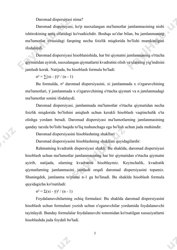 inlaydi. bunday formulalar foydalanuvchi tomonidan ko'rsatilgan xususiyatlarni hisoblashda juda foydali bo'ladi. excel dasturi yordamida: excel dasturi, daromad dispersiyasini hisoblash uchun yagona bir formulani taqdim etadi. ma'lumotlar jamlanmasini o'zgartirib yoki yangi ma'lumotlar qo'shib hisoblash jarayonini osonlashtiradi. daromad dispersiyasini hisoblashning shakllari farkli o'zgaruvchilar va metodlarga qarab turli shakllarda bajarilishi mumkin. bu shakllar ko'pincha xususiy ishga vijdon kutadigan statistiklar va tadqiqotchilar tomonidan ishlatiladi. daromad dispersiyasini tushuntirish uchun misollar daromad dispersiyasi, jamlanmadagi ma'lumotlar o'rtacha qiymatidan necha foizlik miqdorida bo'lishini aniqlash uchun kerakli hisoblash vaqtinchalik o'ta olishga yordam beradi. quyidagi misollar daromad dispersiyasini tushuntirish uchun foydali bo'ladi: misol 1: bir ta tadbirkorlikda, yangi mahsulotni qabul qilingan sotib olish narxlari to'plamining o'rtacha qiymati 5000 so'm bo'lgan, quyidagi mahsulotlar uchun sotib olish narxlari kiritildi: 5500, 4900, 4800, 5200, va 5100 so'm. daromad dispersiyasini hisoblash uchun, quyidagi formulani foydalanamiz: σ² = ∑(xi - ȳ)² / (n - 1) σ² = [(5500-5000)² + (4900-5000)² + (4800-5000)² + (5200-5000)² + …