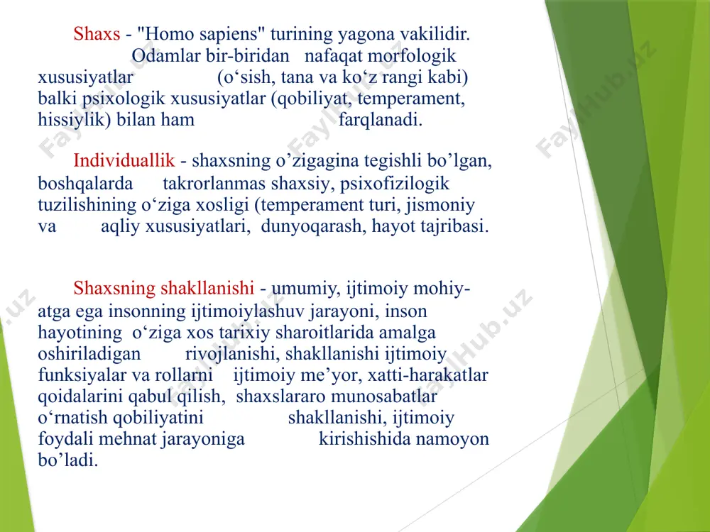 shlardir. ijtimoiylashuv jarayonida individ shaxsga aylanib boradi, bilim ko‘nikma malaka, hamda qobiliyatlarni insonlar orasida orttiradi. shaxsning ijtimoiylashuvining asosiy bosqichlari: shaxsning shakllanishi asosan uch sohada amalga oshiriladi: 1) faoliyat sohasi - umri mobaynida shaxs turli faoliyatlarga bevosita yoki bilvosita jalb etilgan, faoliyatlar soxasi kengayib, boyib boraveradi. har bir faoliyat turi individdan maxsus fazilatlarni, malaka va ko‘nikmalarni, bilimlarni talab etadi, va o‘ziga xos ijtimoii-psixologik xususiyatlar kompleksini shakllantiradi; 2) muloqot sohasi - ayniqsa maktabgacha yosh davrdagi va o‘smirlik davrlaridagi muloqot tizimi bolada bir qancha ijtimoiy- psixologik xislatlarni paydo qiladi, buning natijasida u faol hayotiy mavqega ega bo‘ladi, jamiyatda o‘z o‘rnini tasavvur qilishga erishadi. 3) o‘z-o‘zini anglash sohasi - ''men" obrazining yil sayin o‘zgarib borishi jarayoni, o‘zini boshqalardan farqliligini, mustaqil harakat qilish, mustaqil fikr yurita olish qobiliyatini anglashi, o‘z-o‘zini baholash, anglash, nazorat qilish- xususiyatlari rivojlanadi. shaxsning ijtimoiylashuvi - har bir shaxsning jamiyat ijtimoiy hayoti, ijtimoiy institutlar tizimiga faol qo’shilish jarayonidir. ijtimoiylashuv jarayonlarining ro‘y beradigan …
