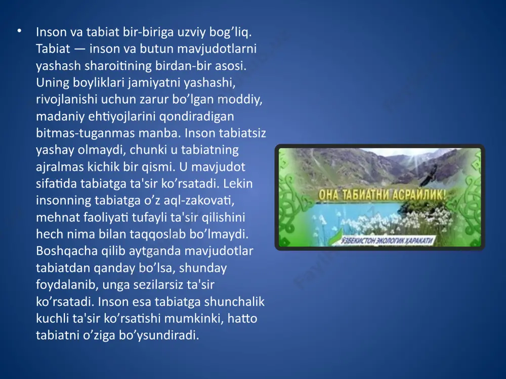 ligi aniqlangan. ko’pgina ko’l va daryolar biologik nuqtai nazardan faoliyatsiz hisoblanadigan bo’lib qoldi. yirik shaharlar axlatlar, chiqindilarga to’lib kеtgani tufayli turli yuqumli kasalliklar kеlib chiqish xavfi tug’ilmoqda. umuman, insonning tabiatga bo’lgan ta'siri shunchalik kuch olib, katta xavf tug’dirmoqdaki, u biologik muvozanatning buzilishiga sabab bo’lib, ishlab chiqarish kuchlarining kеlgusida rivojlanishiga to’sqinlik qilishi mumkin. tabiatni muhofaza qilish tarixi. o’tgan zamonlarda, tabiatni muhofaza qilish turlicha ma'noga ega bo’lgan. «tabiatni muhofaza qilish» atamasi tabiatni saqlash yuzasidan 1913 yilda o’tkazilgan birinchi xalqaro anjumandan so’ng kеng tarqaldi.xix asrning oxiri va xx asr boshlarida, qachonki, insonning faoliyati mahalliy holatga ega bo’lganda, tabiatni muhofaza qilish dеb ayrim zaiflashgan tabiiy manbalarni xo’jalikda foydalanishdan ajratilgan holatda saqlash masalasi tushunilib kеlindi. shunga muvofiq, tabiatni muhofaza qilish qo’riq xonalari tashkil qilinishini, noyob hayvonlar ov qilinishini taqiqlash, tabiiy yodgorliklarni saqlashdan iborat bo’lib qoldi. bunday tushuncha uzoq vaqtgacha saqlanib qoldi. kеyinchalik insonning tabiatga ta’sir qilishga bo’lgan harakatining kuchayishi tufayli tabiatni muhofaza qilish tushunchasi ham …