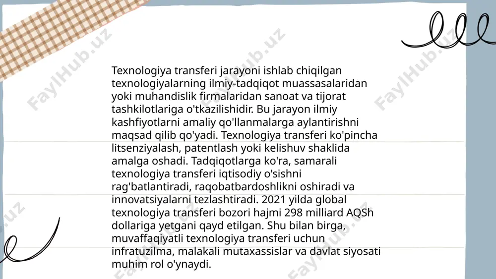 a ittki uchun sarflangan mablag' 0.2% dan ko'proqni tashkil etdi milliy yalpi ichki mahsulotga nisbatan. ittki yangi mahsulotlar va xizmatlarni rivojlantirish, raqobatbardoshlikni oshirish va iqtisodiy o'sishni ta'minlashda muhim vositadir. shu sababli ko'plab mamlakatlar ittkiga e'tibor qaratib, iqtisodiyotda innovatsiyalarni joriy etishga intilishmoqda. innovation texnologiyalar transferi mirmagdiev jamshid e'tiboringiz uchun raxmat! image1.png image2.png image3.png image4.jpg image5.png image6.jpg image7.jpg hd_iw21_pressrelease /docprops/thumbnail.jpeg