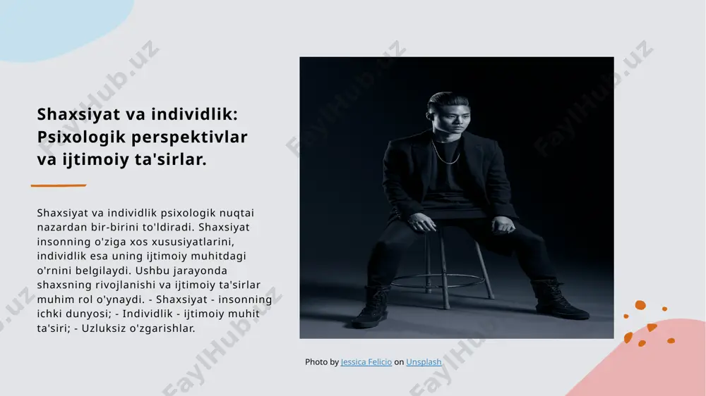 g o'zaro aloqasi shaxsiyat va individlik o'rtasidagi farqlar va o'zaro aloqalar, shaxsiy va ijtimoiy identifikatsiya jarayonlarida muhim rol o'ynaydi. o'zbek madaniyatidagi ahamiyati o'zbek madaniyatida shaxsiyat va individlik, an'analar va zamonaviy qarashlar orqali shakllanadi, bu o'ziga xos identifikatsiyani ta'minlaydi. ijtimoiy ta'sir va dinamikalar ijtimoiy muhit shaxsiyat va individlikni o'zgaruvchan dinamikalarda rivojlantiradi, bu esa jamiyatda o'zaro ta'sirlarni kuchaytiradi. e'tiboringiz uchun rahmat! image1.jpg image2.jpg image3.jpg /docprops/thumbnail.jpeg