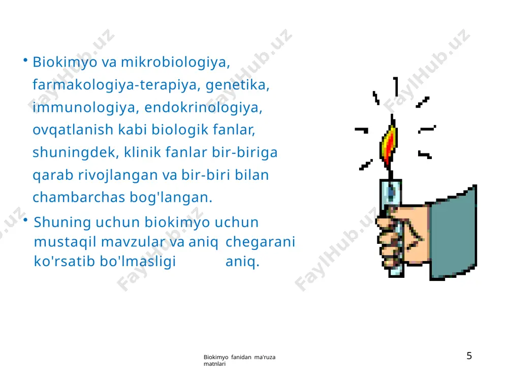 o'ladi. 28 biokimyo fanidan ma'ruza matnlari parametsiy evglena hujayra 29 biokimyo fanidan ma'ruza matnlari hujayra uch qismda tekshiriladi: hujayra membranasi sitoplazma (va organellalar) 3. yadro hujayra membranasining tuzilishi 30 biokimyo fanidan ma'ruza matnlari uglevod, oqsil va yog'dan iborat uglevod + protein = glikoprotein uglevod + lipid = glikolipid glikokalikslar bir hujayra uchun xosdir. - hujayralar bir-biri bilan o'zaro ta'sirlashadi glikokaliks - gormonlar hujayralarni taniydi. k.gidrat xolesterin h.i̇çi pro lipid protein plazma membranasi transporterlar va retseptorlarni o'z ichiga oladi. hujayradan tashqari signal molekulalari bilan ham yuqorimajburiy o'ziga xosdir. shuningdek membrana yuzasi oqsillarini o'z ichiga oladi plazma membranasining sirt oqsillari (retseptorlari) hujayradan tashqaridagi signallarni hujayra ichiga uzatadi 31 biokimyo fanidan ma'ruza matnlari hujayra membranasining xususiyatlari 32 biokimyo fanidan ma'ruza matnlari membrana xarakatlanuvchi, shaffof va moslashuvchan (suyuq-mozaika modeli). xolesterin mo'rtlikni oshiradi. ustida g‘ovak deb ataladigan teshiklar bor. tanlab o'tkazuvchan. suyuq tuzilishga ega. viruslardan tashqari barcha tirik hujayralarda uchraydi hujayra membranasining funktsiyalari 33 biokimyo …