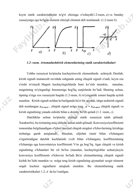 a) va bunday xususiyatga ega bo'lgan element chiziqli element deb nomlanadi. (1.2-rasm b) 1.2- rasm. avtomatlashtirish elementlarining statik xarakteristikalari ushbu xususiyat ko'pincha kuchaytiruvchi elementlarda uchraydi. dastlab, kirish signali mutanosib ravishda oshganda uning chiqish signali o'sadi, keyin esa o'sishi to'xtaydi. magnit kuchaytirgichlarda buni ko’rish mumkin, masalan, magnitning to'yinganligi fenomeniga bog'liq zanjirlarda bo’ladi. shuning uchun, tipning o'ziga xos xususiyati haqida (1.2-rasm, b) to'yinganlik zonasi haqida aytish mumkin. kirish signali noldan ko'tarilganda ba'zi bir qiymat, ishga tushirish signali deb nomlangan хish.signal , chiqish signal nolga teng. х = хish.signal chiqish signali va kirish signalining yanada oshishi bilan u doimiy bo'lib qoladi (1.2 -rasm, c). datchiklar uchun ko'pincha chiziqli statik xususiyat talab qilinadi. xarakterlisi, bu tizimning aniq ishlashi uchun talab qilinadi. konversiya koeffitsienti tomonidan belgilanadigan o'lchov mavjud chiqish miqdori o'lchovlarining kirishiga nisbatiga qarab aniqlanadi. masalan, siljishni (metr bilan o'lchangan) o'zgartiradigan datchik kuchlanishi (volt bilan o'lchangan), koeffitsientning o'lchamiga ega konvertatsiya koeffitsienti v/m ga bog’liq. agar …